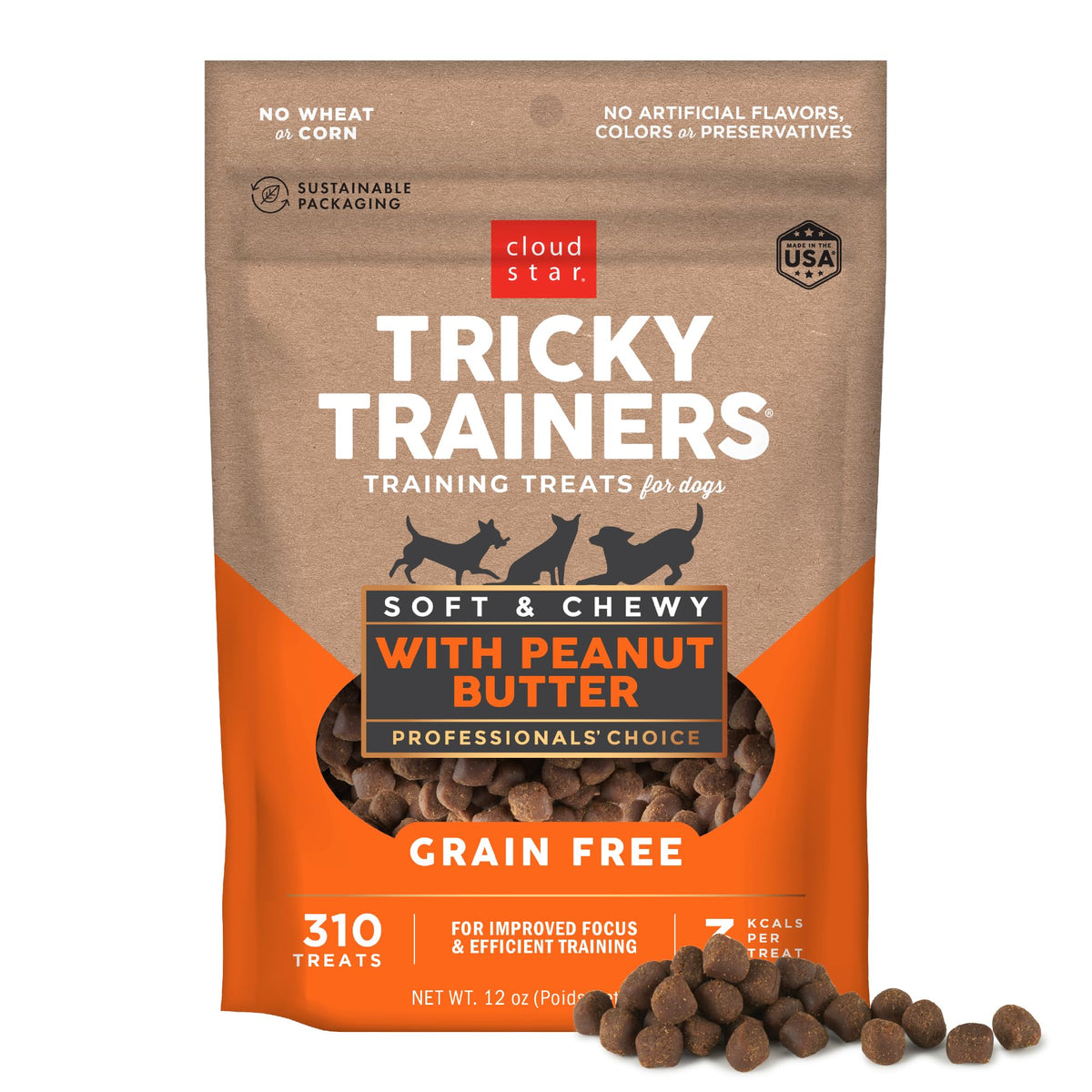 Cloud Star Tricky Trainers Soft & Chewy Dog Training Treats 12 Oz. Pouch, Peanut Butter Flavor, Grain-Free Low Calorie Behavior Aid With 310 Treats