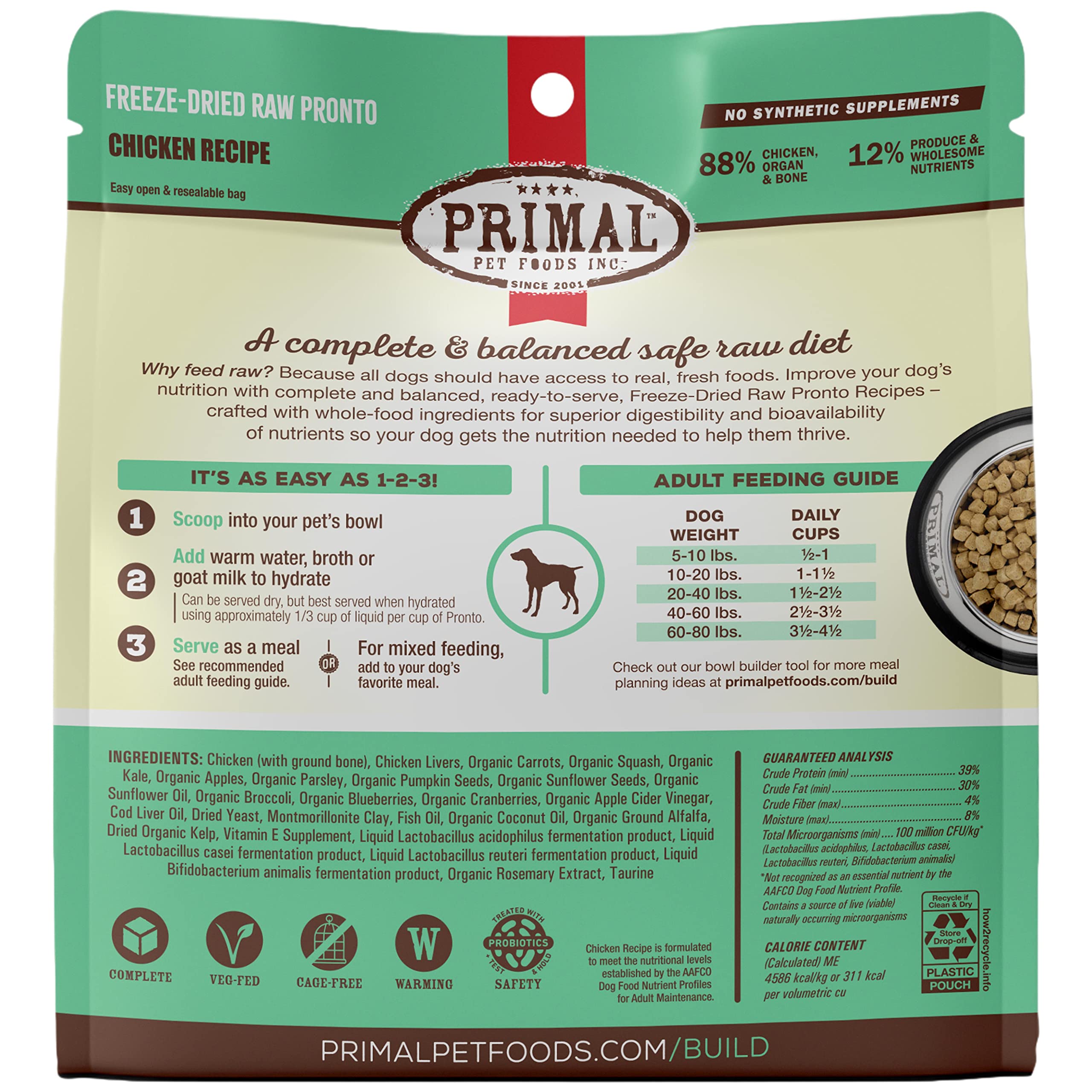 Primal Freeze Dried Dog Food Pronto, Chicken; Scoop & Serve, Complete & Balanced Meal; Also Use As Topper or Treat; Premium, Hea