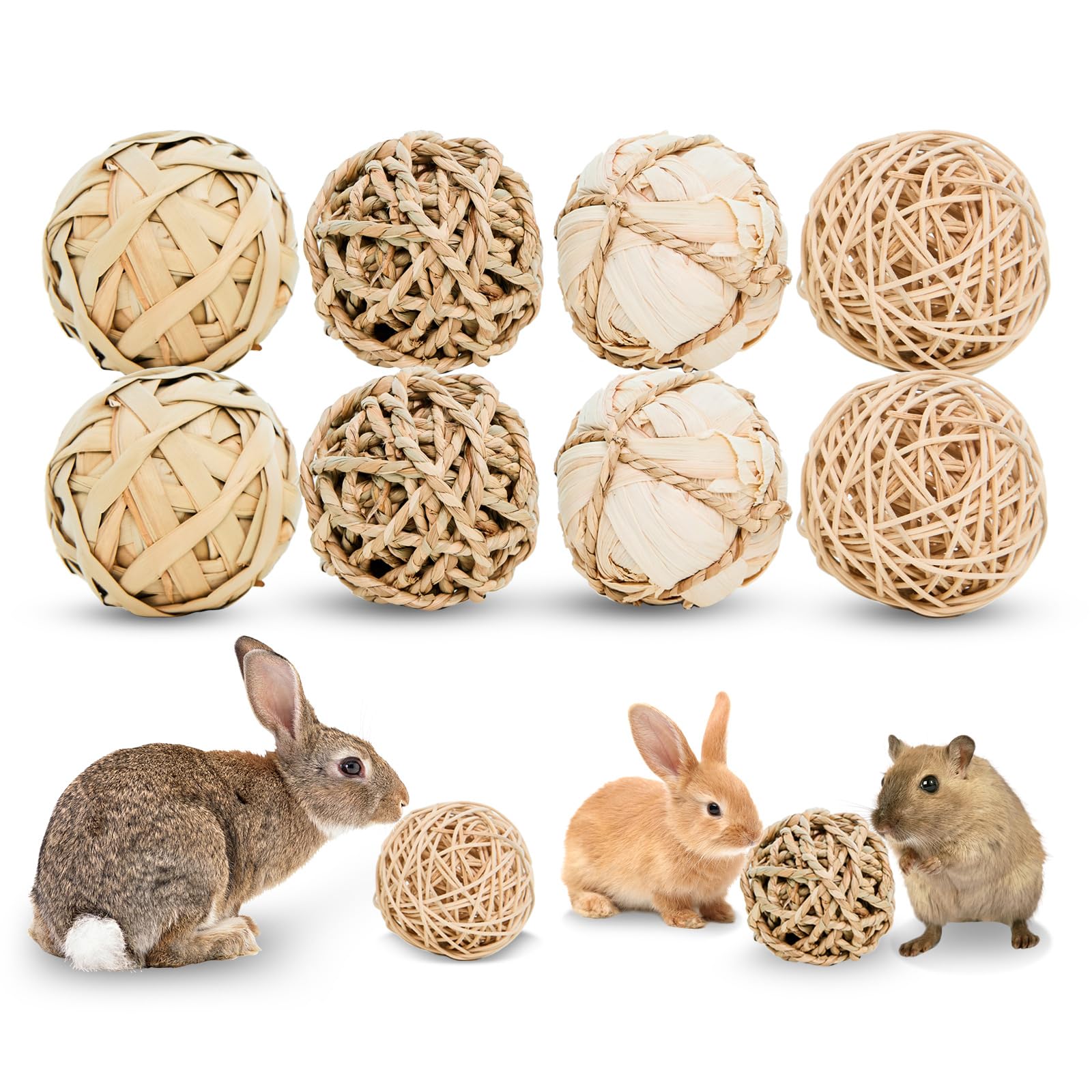 Jorewood 8 Pack Small Pet Chew Toys - 7Cm Natural Woven Balls For Rabbits, Guinea Pigs, Hamsters (2 Seagrass, 2 Rattan, 2 Corn H
