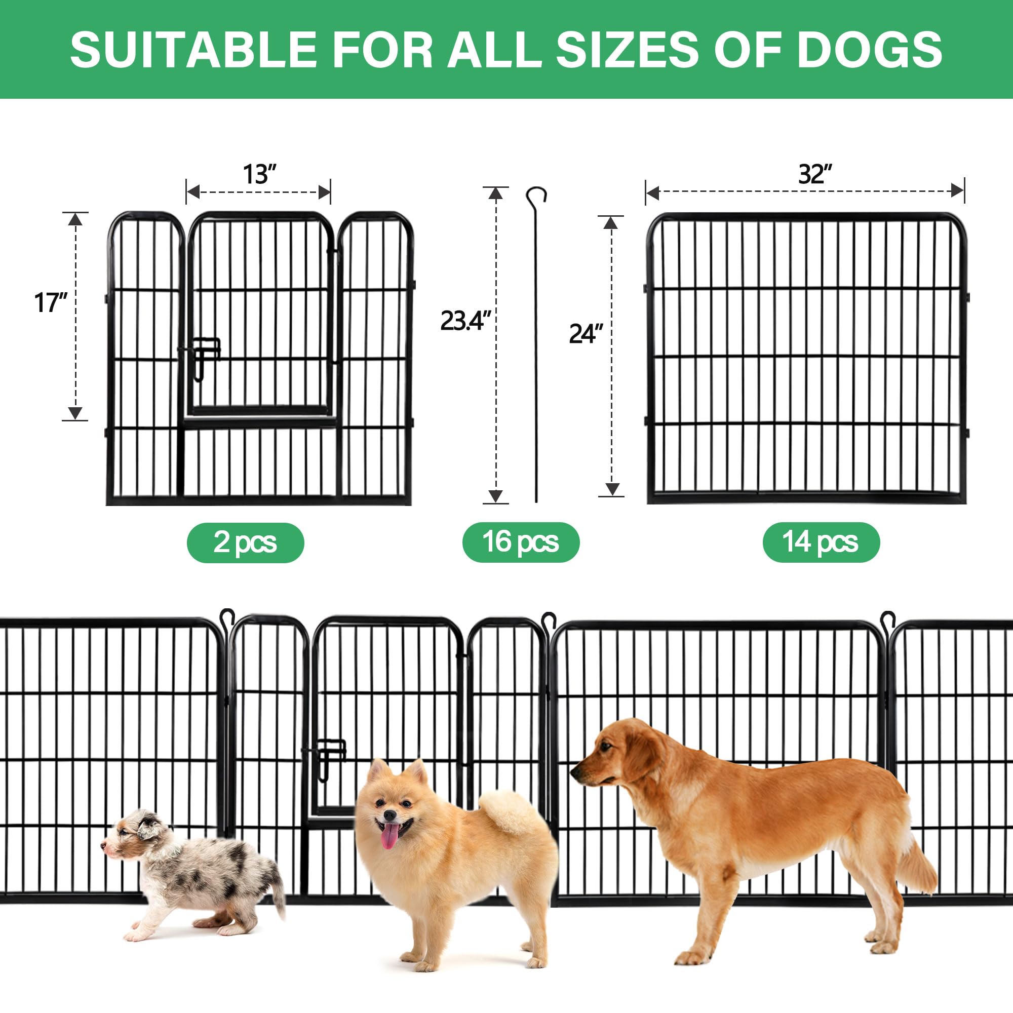 Dog Pen Pet Playpen Kennel Fence Outdoor Indoor Play Yard Puppy Exercise Barrier 31 W x 24 H 16 Panels (16 Panels, 24 Inches