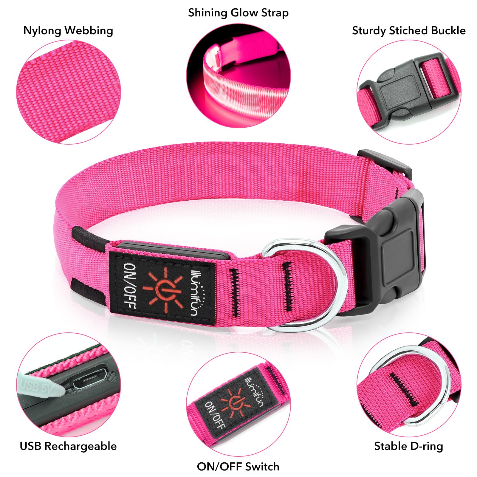 Illumifun LED Dog Collar USB Rechargeable Light Up Dog Collar, Water-Resistant Adjustable Safety Collar Light for Small Medium L