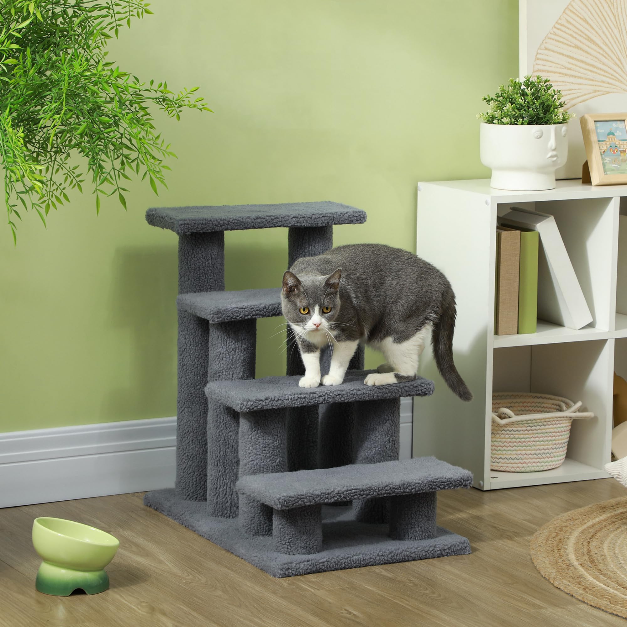 Pawhut 25'' 4-Step Multi-Level Carpeted Cat Scratching Post Pet Stairs - Grey