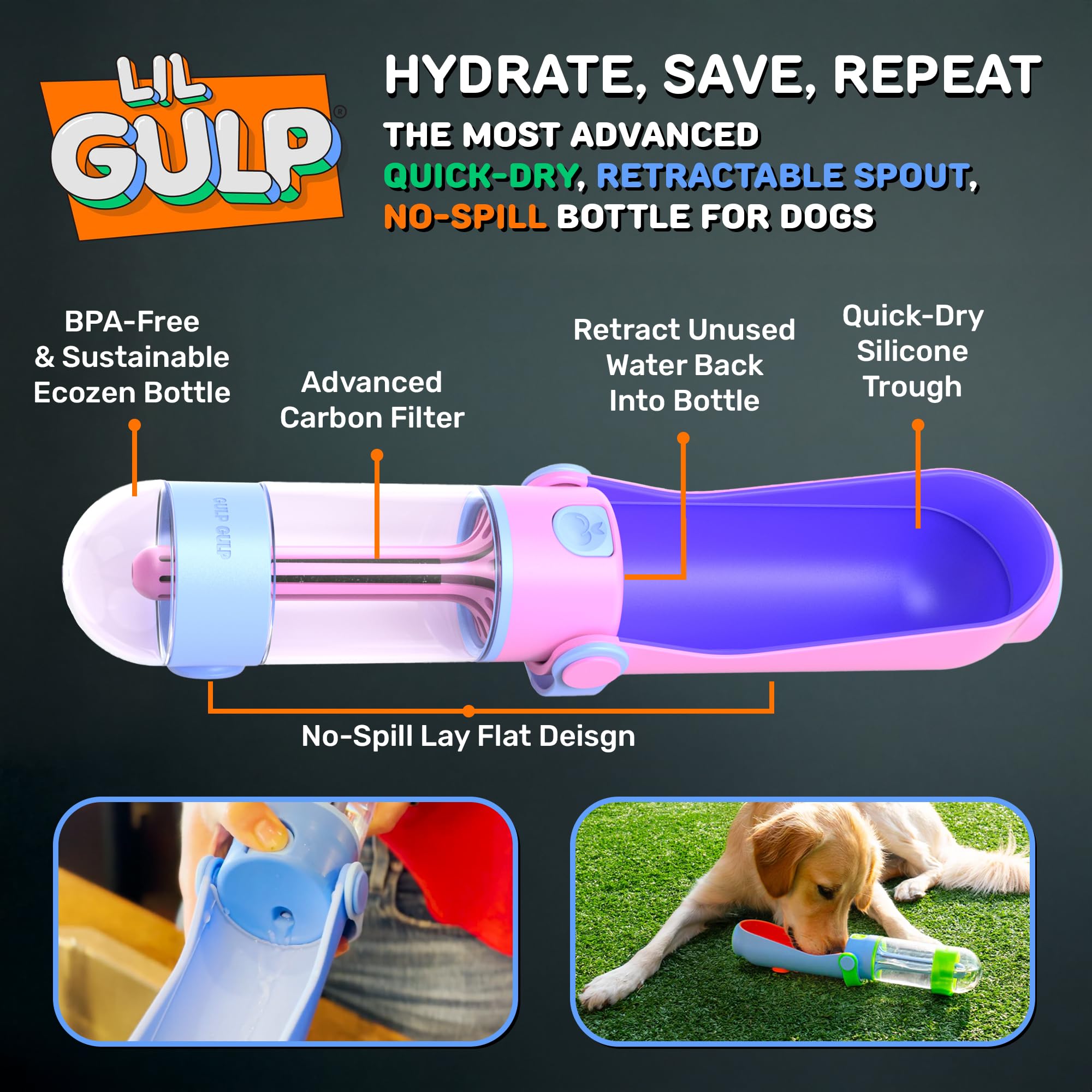 Lil Gulp Dog Water Bottle | Advanced Carbon Filtration For Safe Filtered Water On The Go | Bpa-Free Leak-Proof Portable Dog Trav