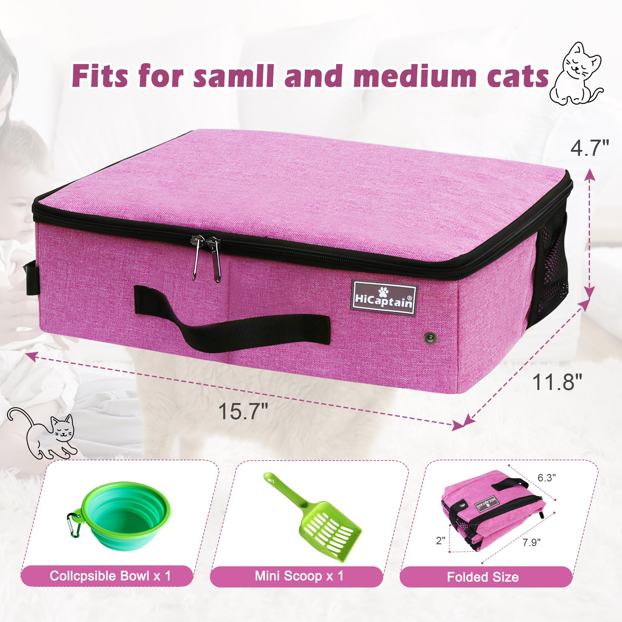 Hicaptain Portable Cat Travel Litter Box With Lid, Foldable Travel Litter Box In Car Designed For Medium Cats, Light Weight Leak