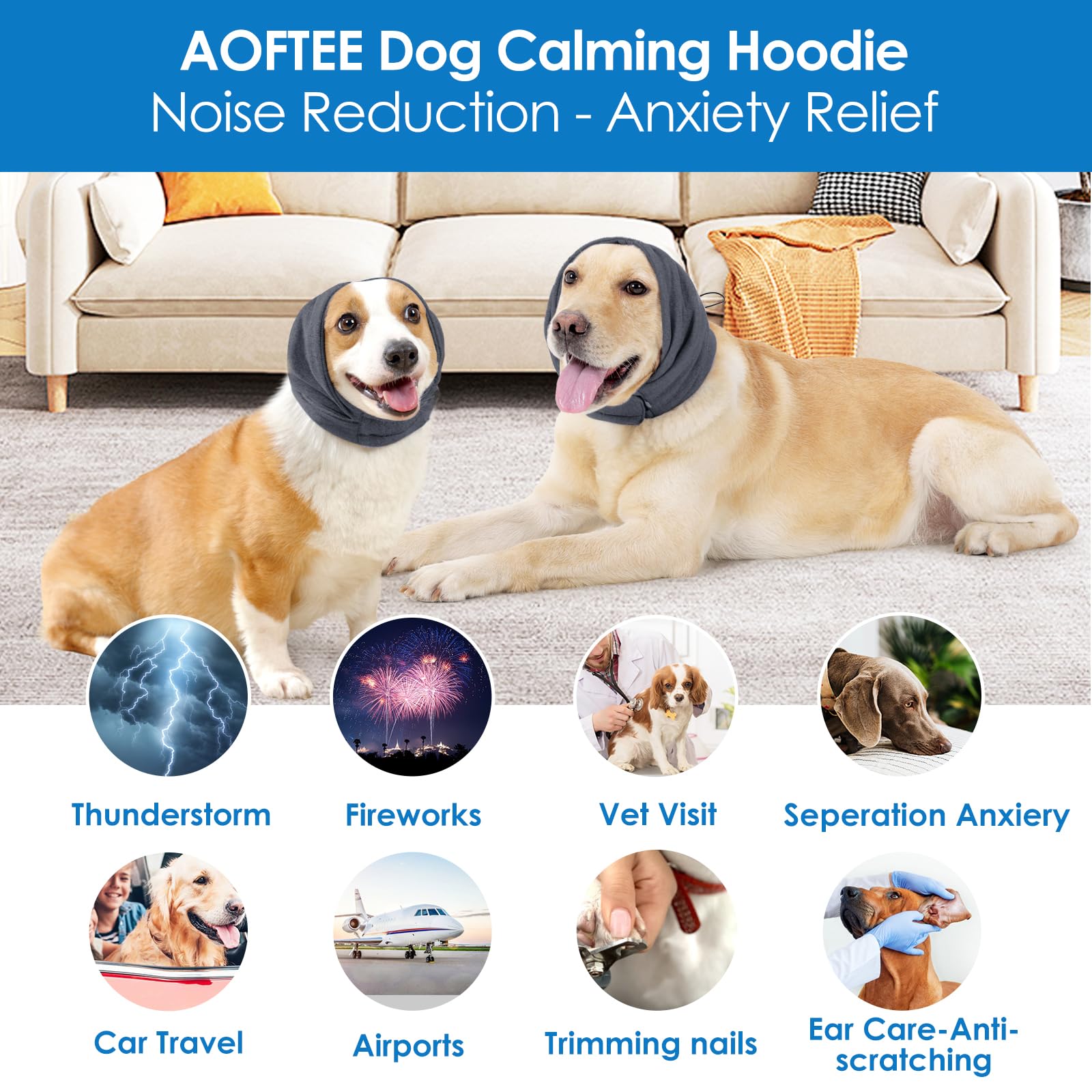 Aofitee Dog Calming Hoodie, Ear Wraps For Anxiety Relief, Noise Protection Dog Noise Cancelling Ear Muffs, Headband For Firework