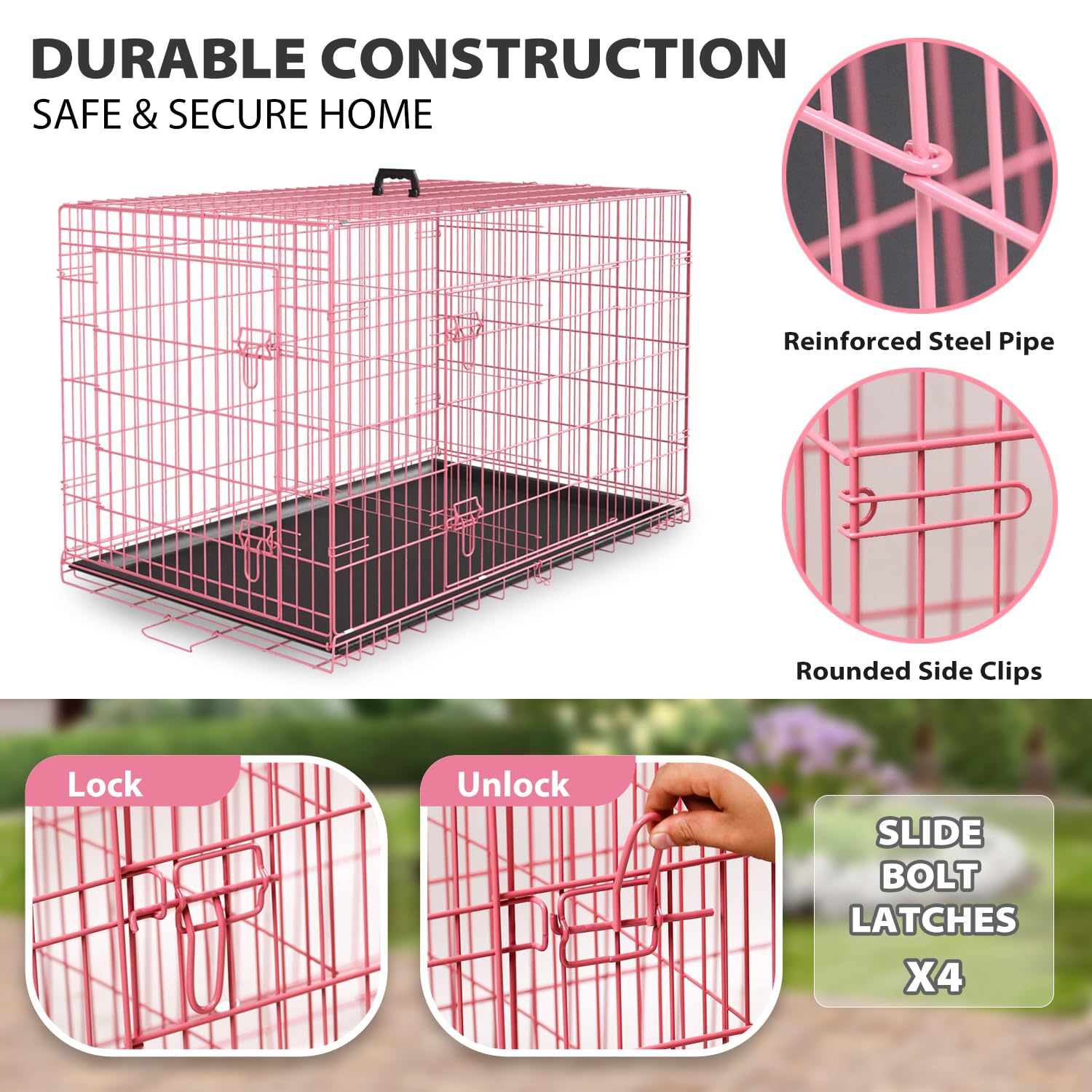 Home For Pets Dog Crate Cage Extra Folding Large Double Door Pet Crate,Includes Divider And Tray,(Pink,42)