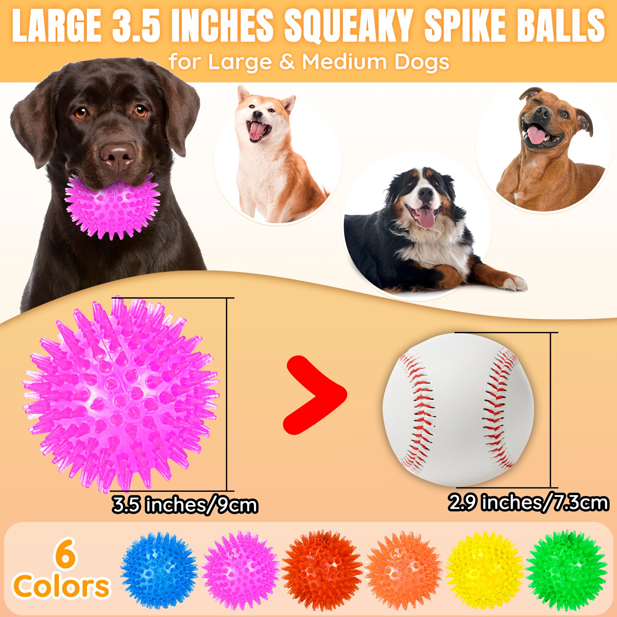 LECHONG 6-Pack 3.5    Squeaky Dog Balls, Durable Soft Spiky Chew Rubber Fetch Toy Balls for Large Medium Aggressive Chewers Teet