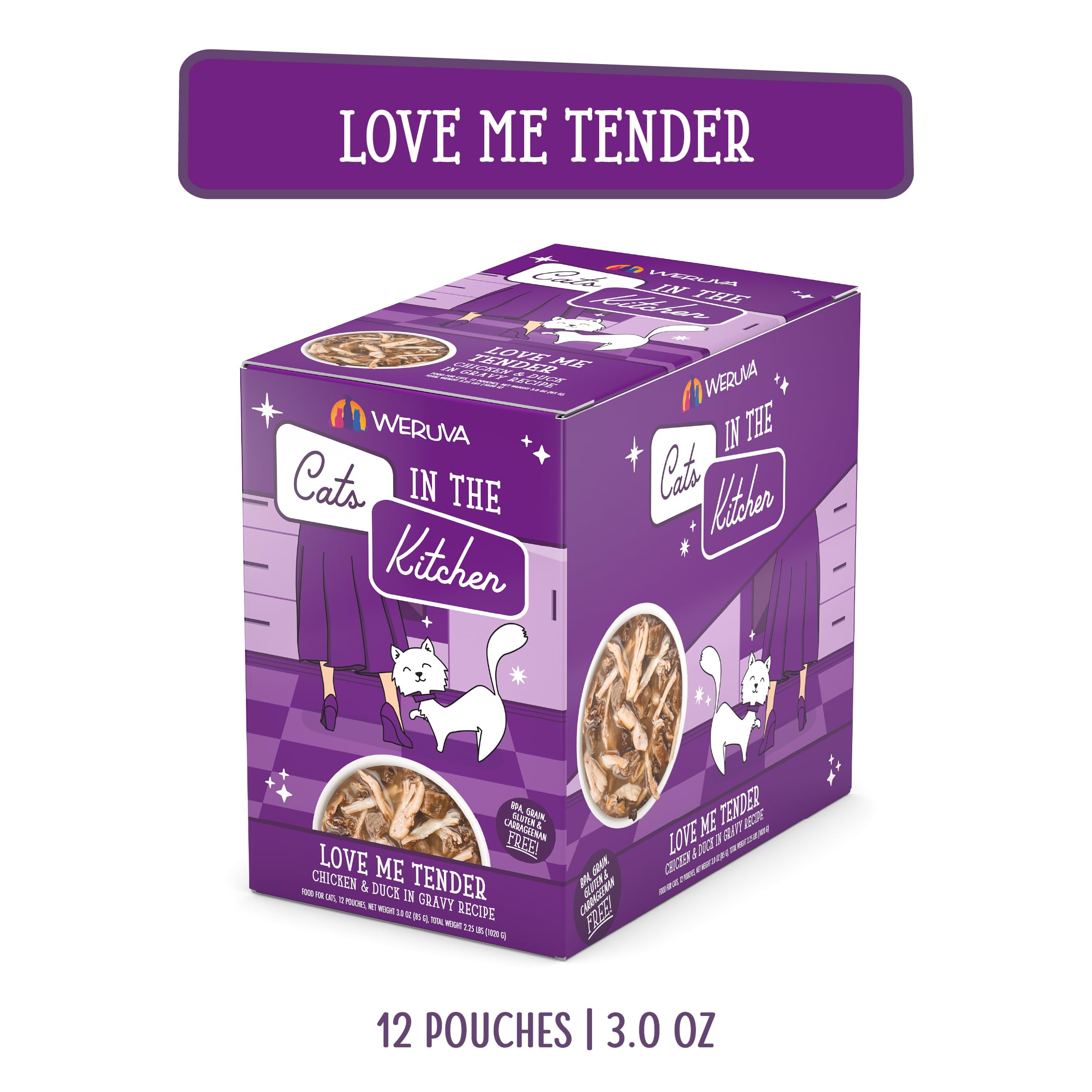 Weruva Cats in The Kitchen, Love Me Tender with Chicken & Duck in Gravy Cat Food, 3oz Pouch (Pack of 12)
