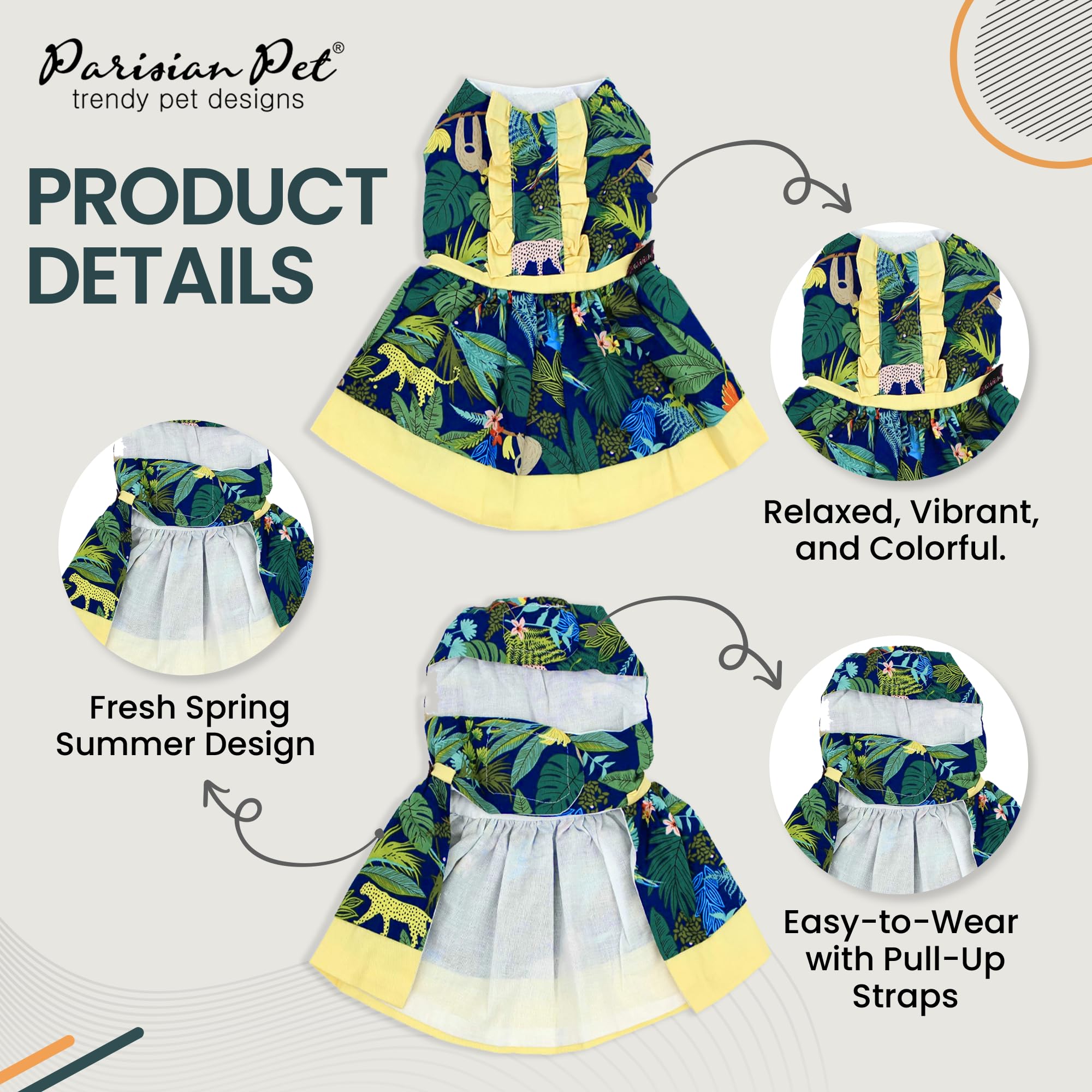 Parisian Pet Amazonia Dress - Leafy Summer Clothes For Dogs - Magic Strap Closure Beach Outfit - Lightweight Dressy Outfit - Dre
