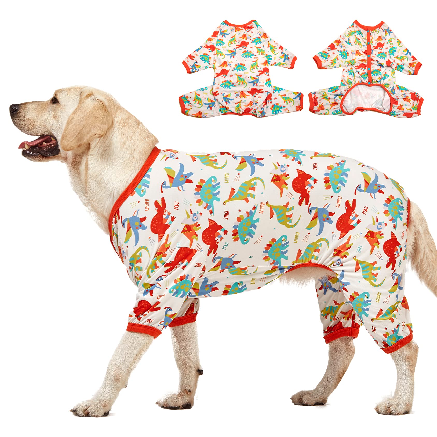 Lovinpet Large Dog Pajamas, Undershirt For Dog Coats, Anti Licking, Pet Anxiety Calming Onesies For Dogs, White Dinos Print, Lar