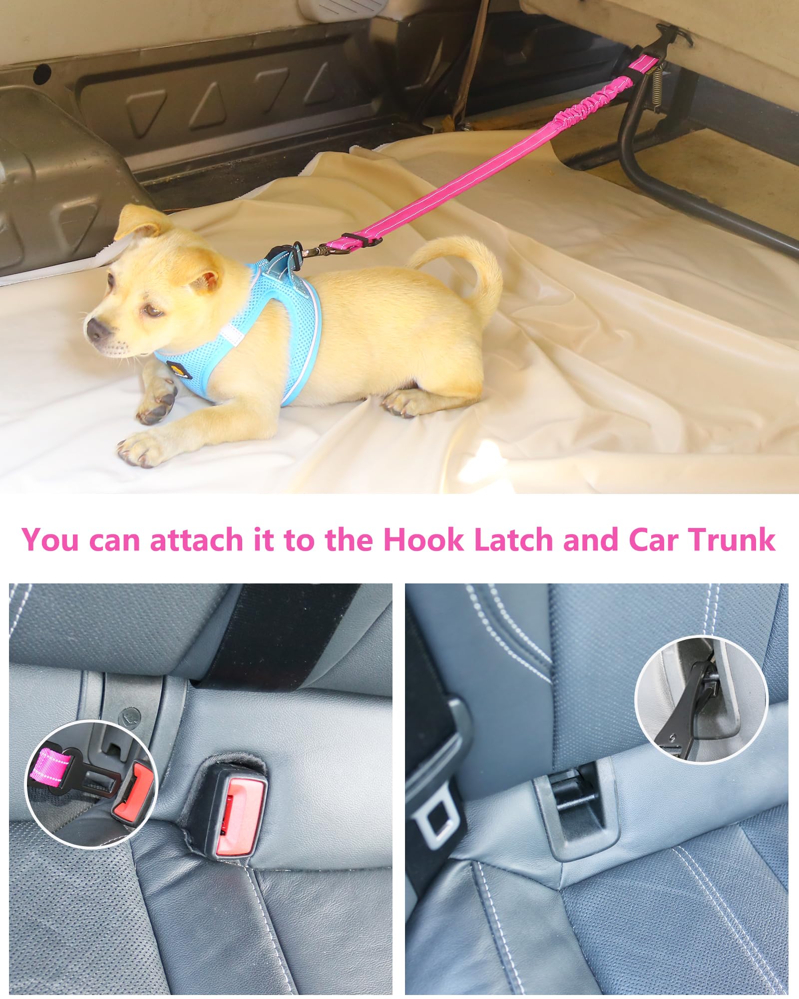 Aubell Dog Seat Belt For Car,2 Pack Set 3-In-1 Adjustable Reflective Bungee Heavy Duty Dog Car Harness Tether With Clip Hook Lat