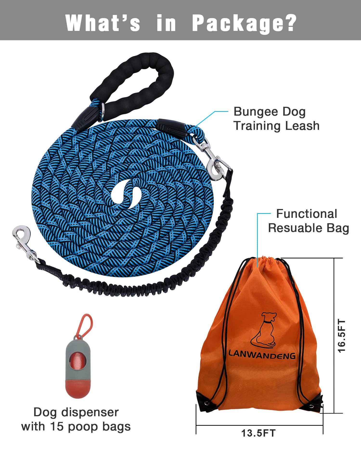 Long Dog Leash With Reflective Threads 15Ft 20Ft 30Ft 50Ft,Heavy Duty Bungee Dog Leashes For Small Medium Large Dogs,Shock Absorbing Training Leash For Walking,Hunting,Camping&Yard