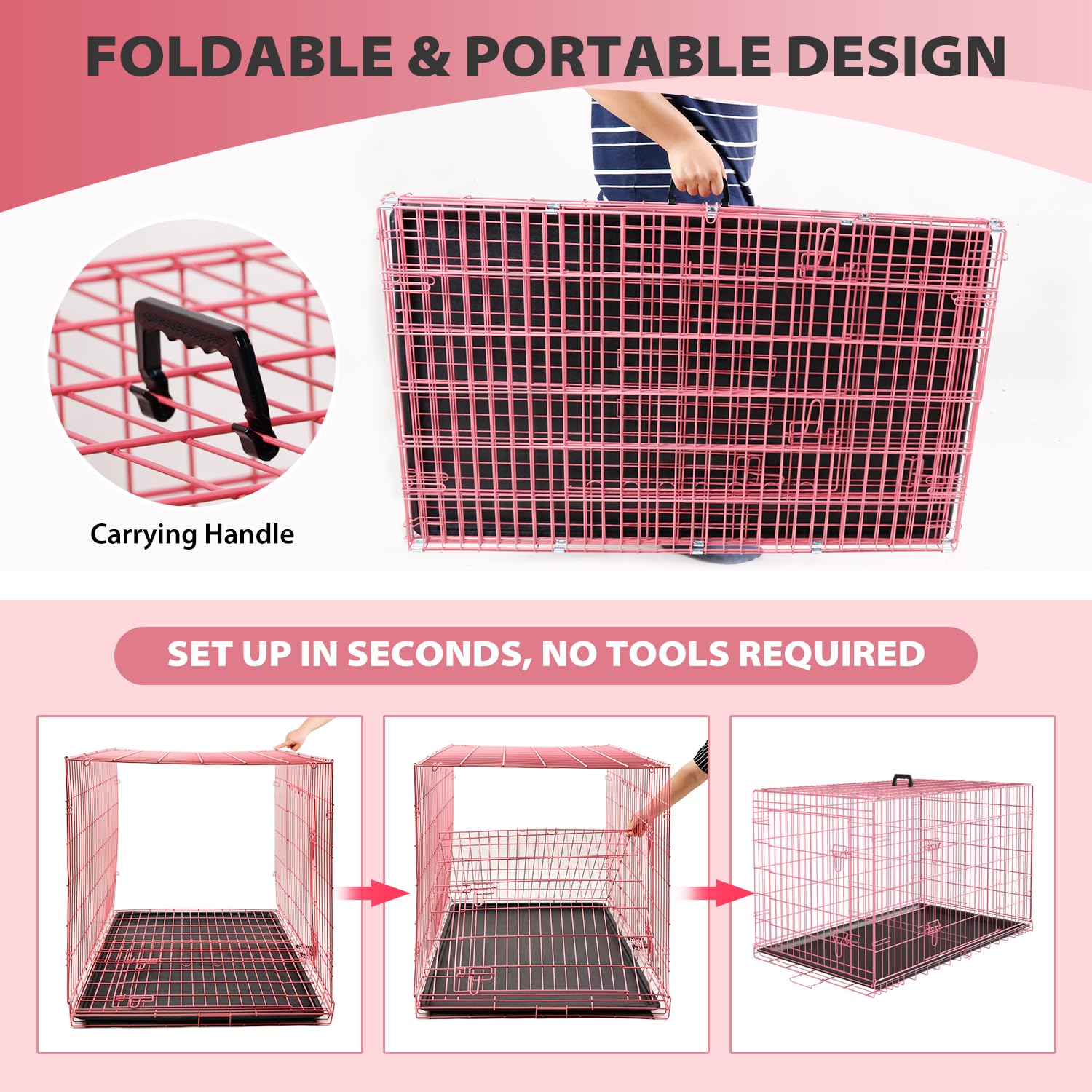 Home For Pets Dog Crate Cage Extra Folding Large Double Door Pet Crate,Includes Divider And Tray,(Pink,42)
