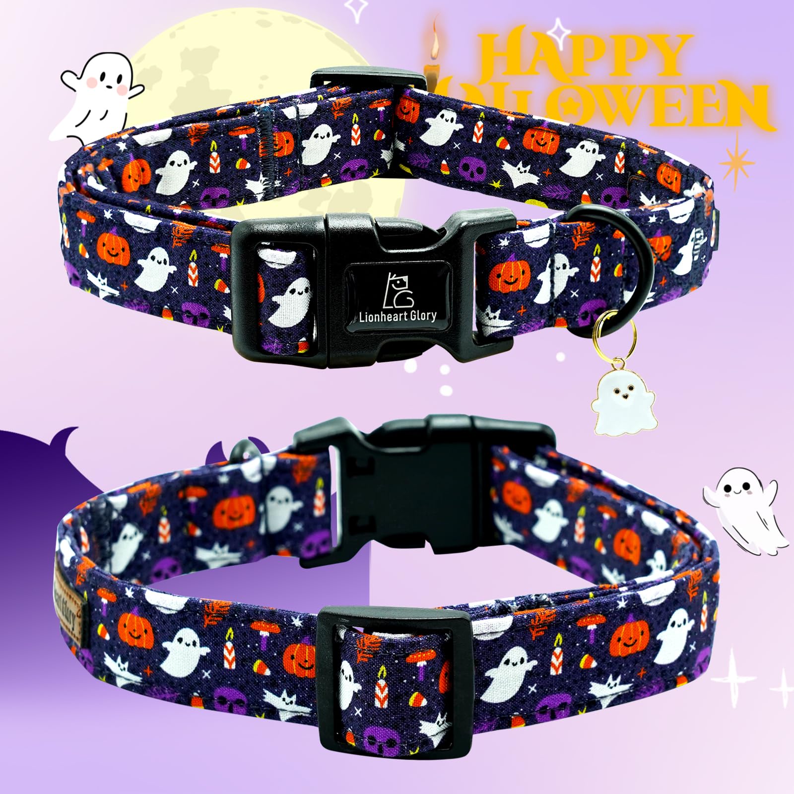 Lionheart Glory Dog Collars Fall Halloween Pumpkin Collar Dog Heavy Comfortable Adjustable Dog Collar For Large Dogs, Ghost, Pum