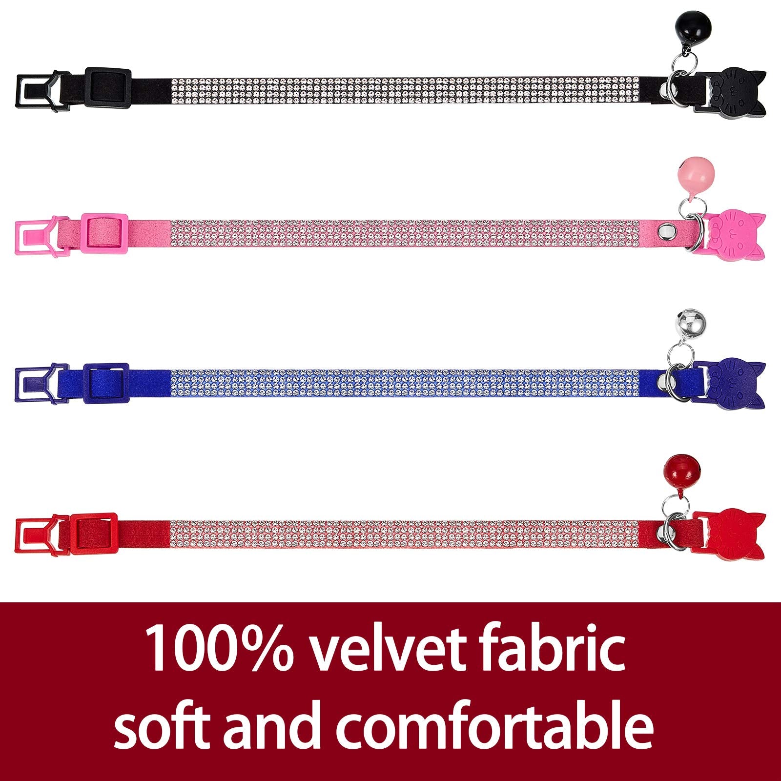 Weewooday 4 Pieces Rhinestones Cat Collars Breakaway Cat Collar With Bell Bling Pet Accessories With Soft Velvet, 4 Colors(S,Pin