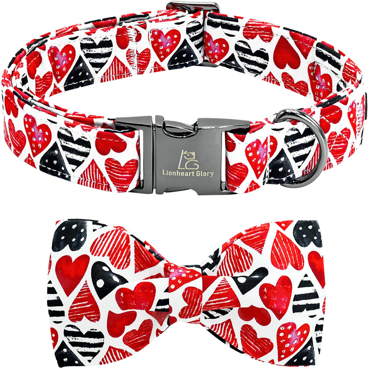 Lionheart Glory Dog Bow Collar Valentine'S Day Dog Collar For Large Dogs Red Hearts Print Dog Collar With Bowtie Spring Dog Coll