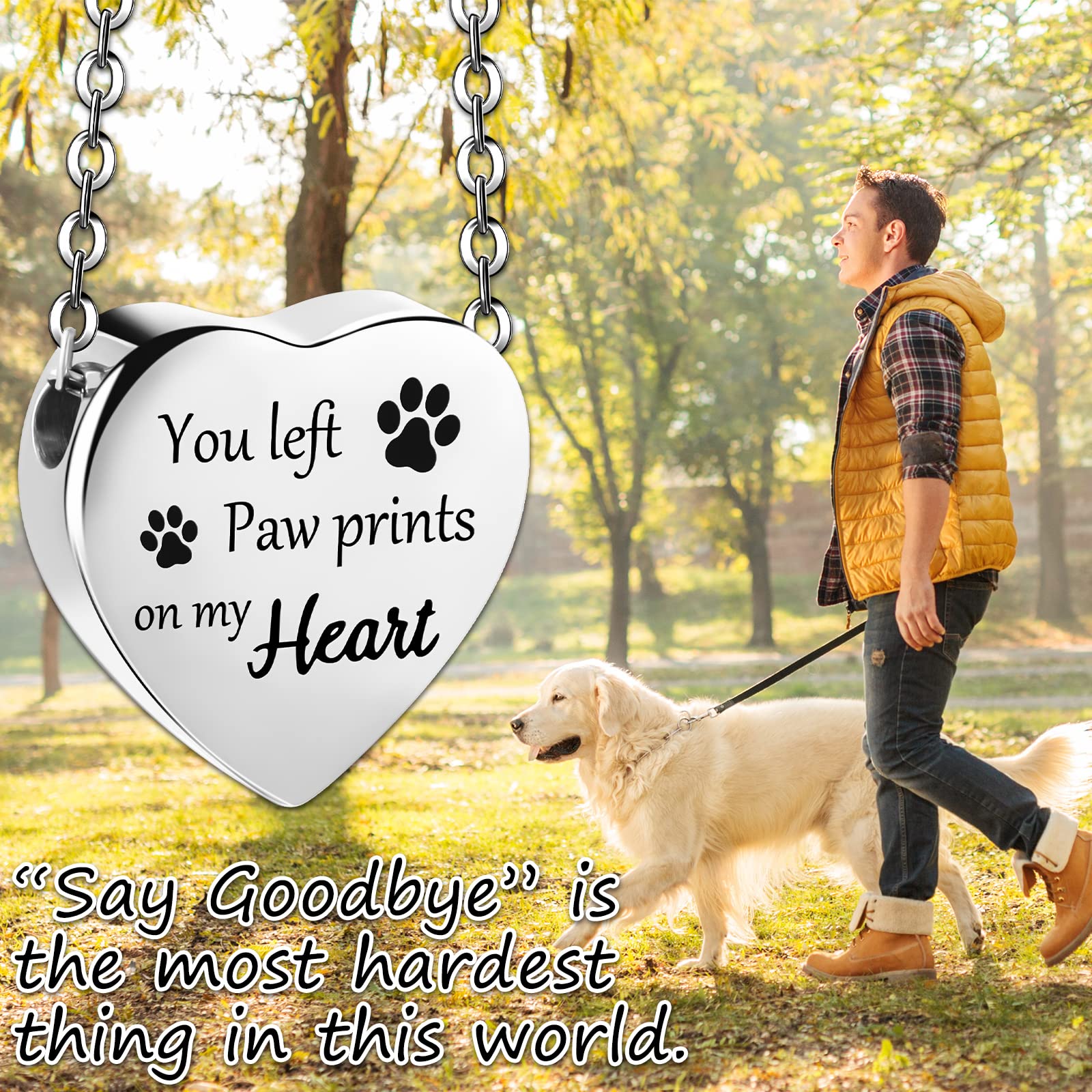 Yinkin 2 Pcs Pet Cremation Jewelry For Ashes Urn Necklace With Paw Print Heart, Pet Dog Necklace Stainless Steel Pendant Black And Silver Urn Locket With Funnel Kit For Dog Cat Ashes