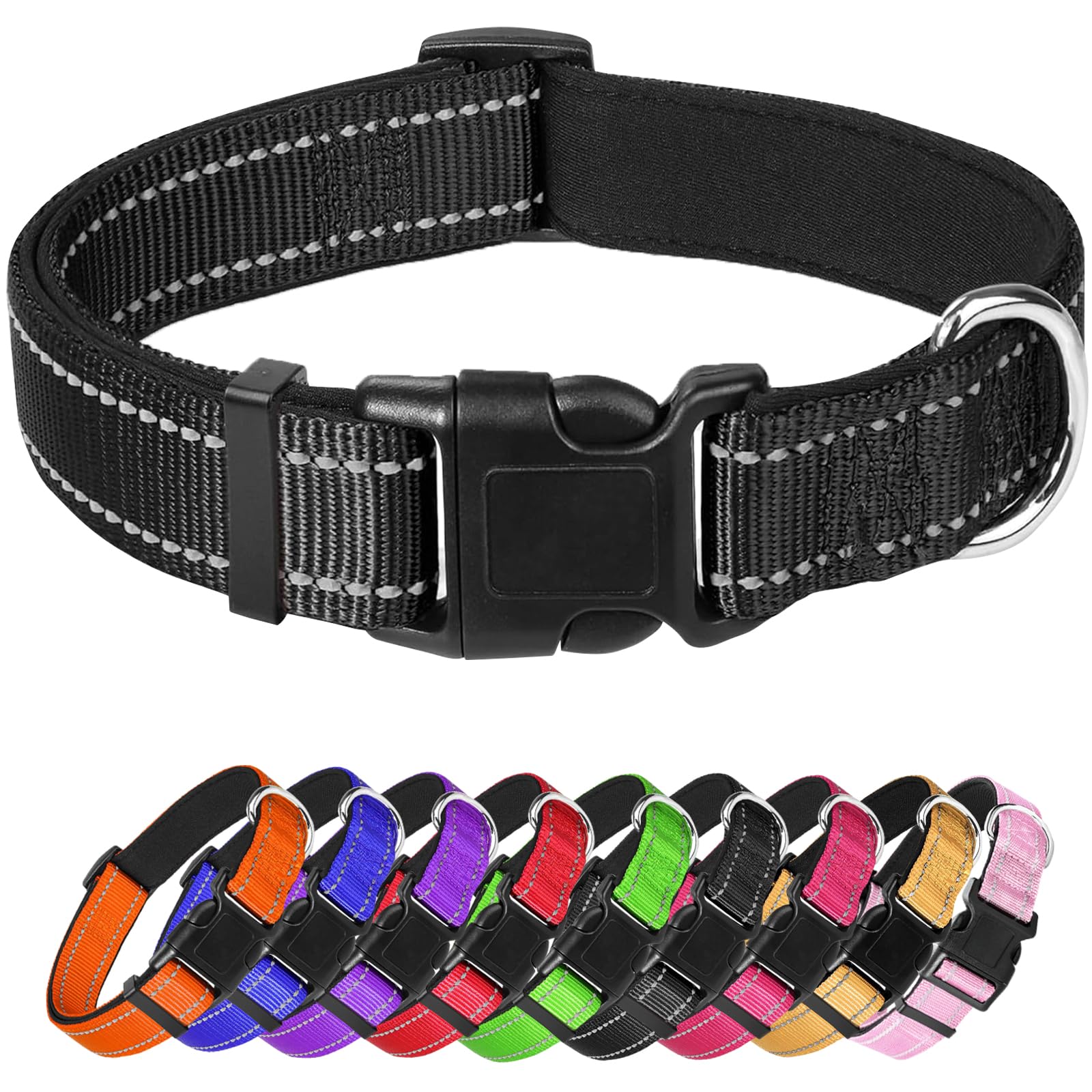 Black Dog Collar, Reflective Pet Collar with Buckle Adjustable Safety Nylon Collars for Small Medium Large Dogs, XS