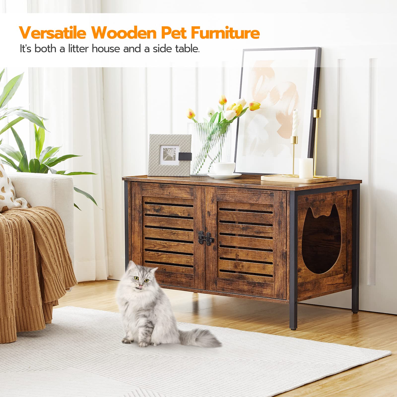 Hoobro Cat Litter Box Enclosure, Hidden Litter Box Furniture With Shutter Door And Cat Head Mat, Cat Entrance Can Be On Left Or Right, Cat Washroom Fit Most Of Litter Box, Rustic Brown Bf06Mw01