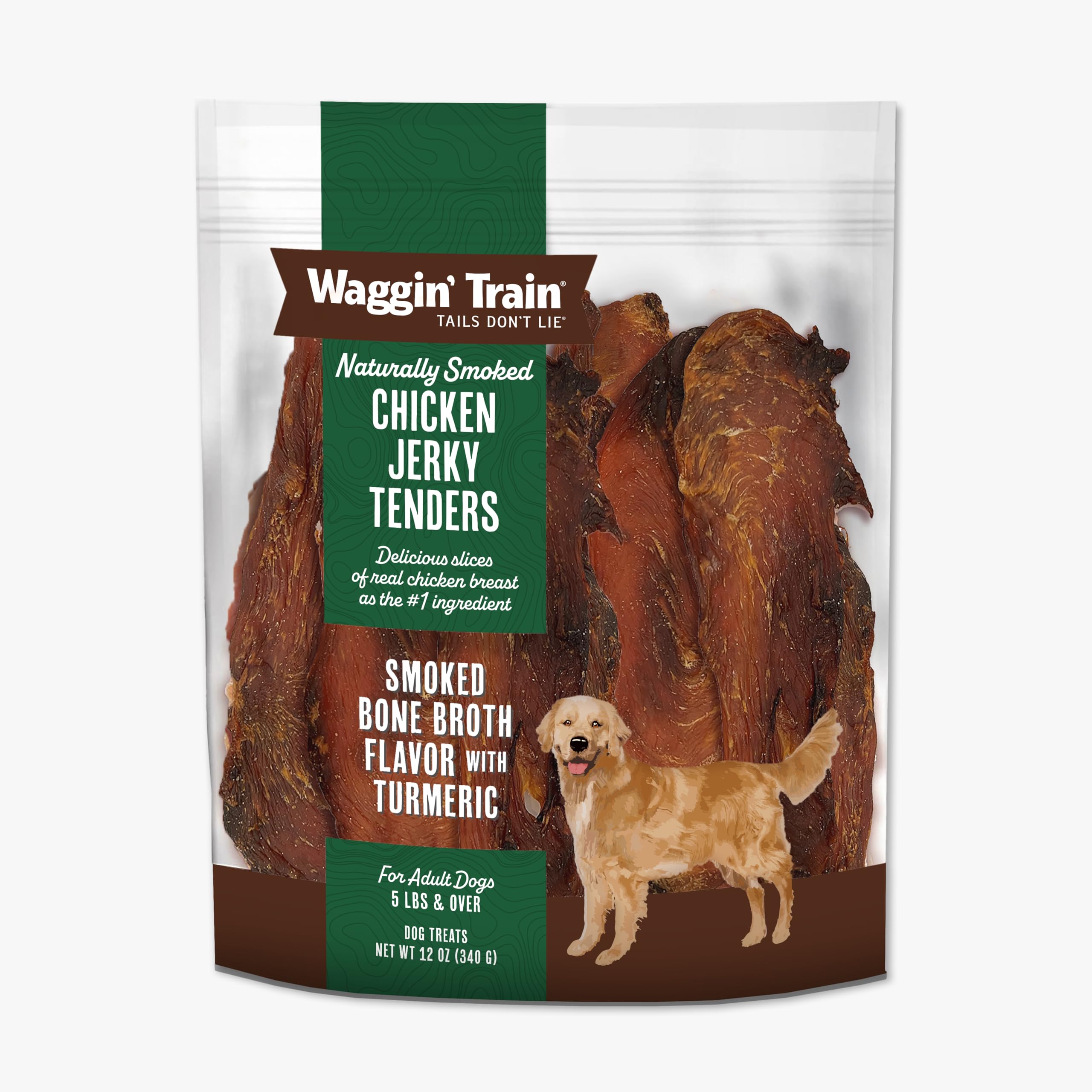 Waggin Train Smoked Chicken Jerky Tenders with Turmeric and Bone Broth for Dogs - 12 oz. Pouch - Grain Free, High Protein, Limi