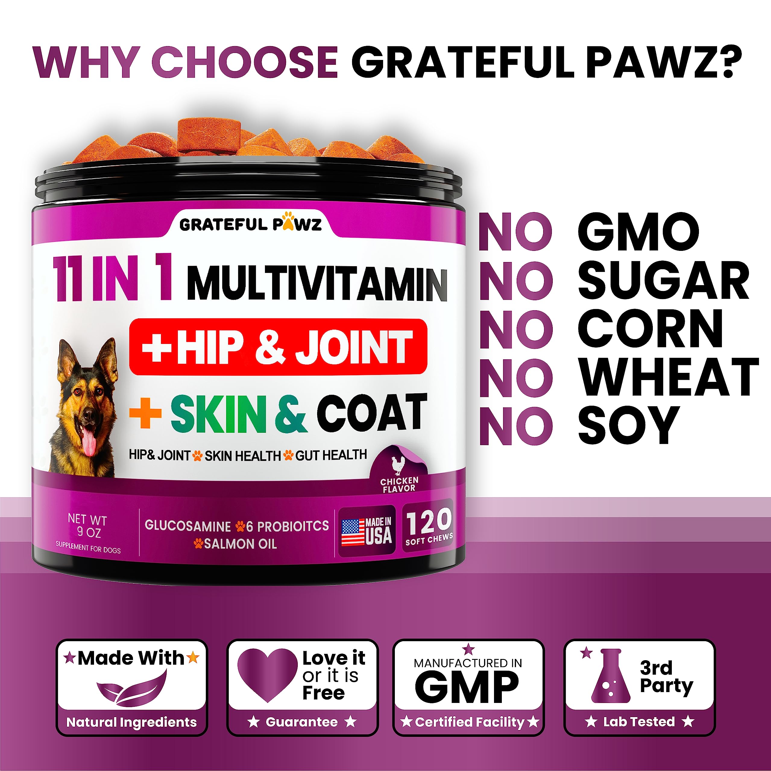 Dog Multivitamin Chewable with Glucosamine - Dog Vitamins and Supplements, Senior & Puppy Multivitamin for Dogs - Pet Chondroiti