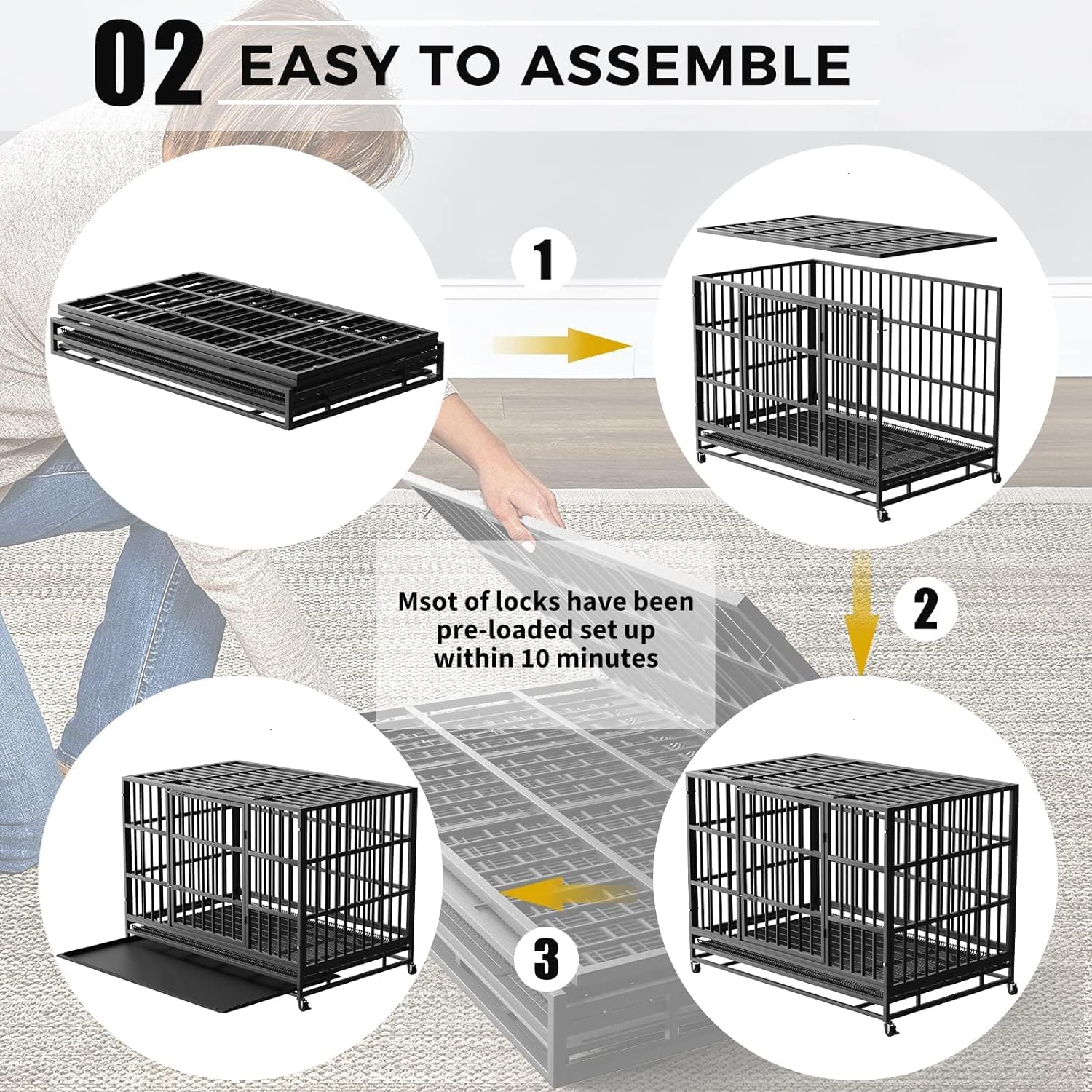 48 Inch Heavy Duty Dog Crate, Indestructible Dog Cage Kennel For High Anxiety Dog, Escape Proof & Sturdy Locks Design, Extra Lar