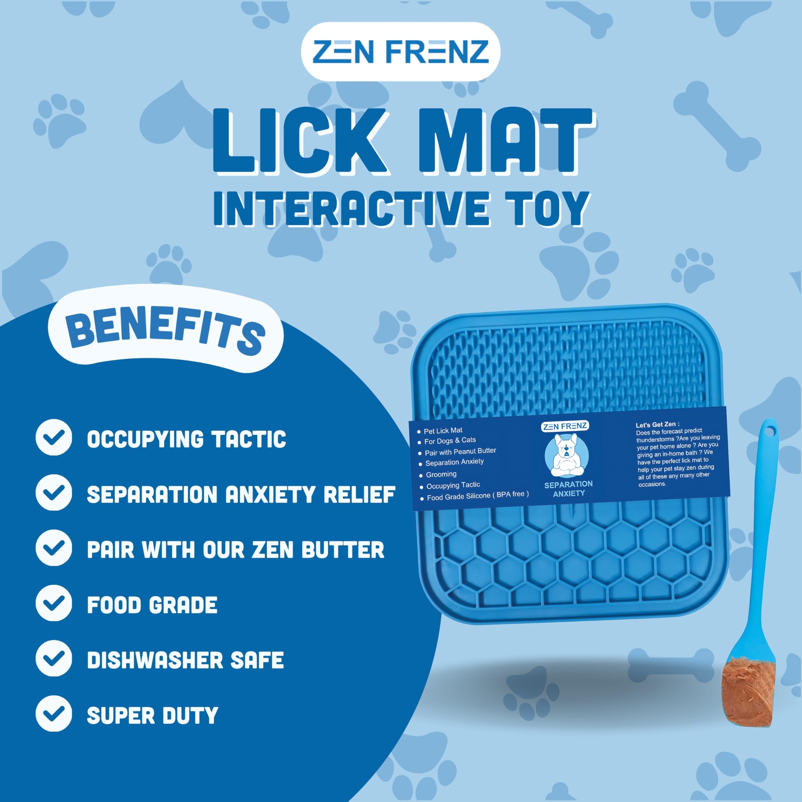 Zen Frenz Premium Lick Mat For Dogs & Cats With Suction Cups And Spatula Spreader For Pet Separation Anxiety Relief, Slow Feeder