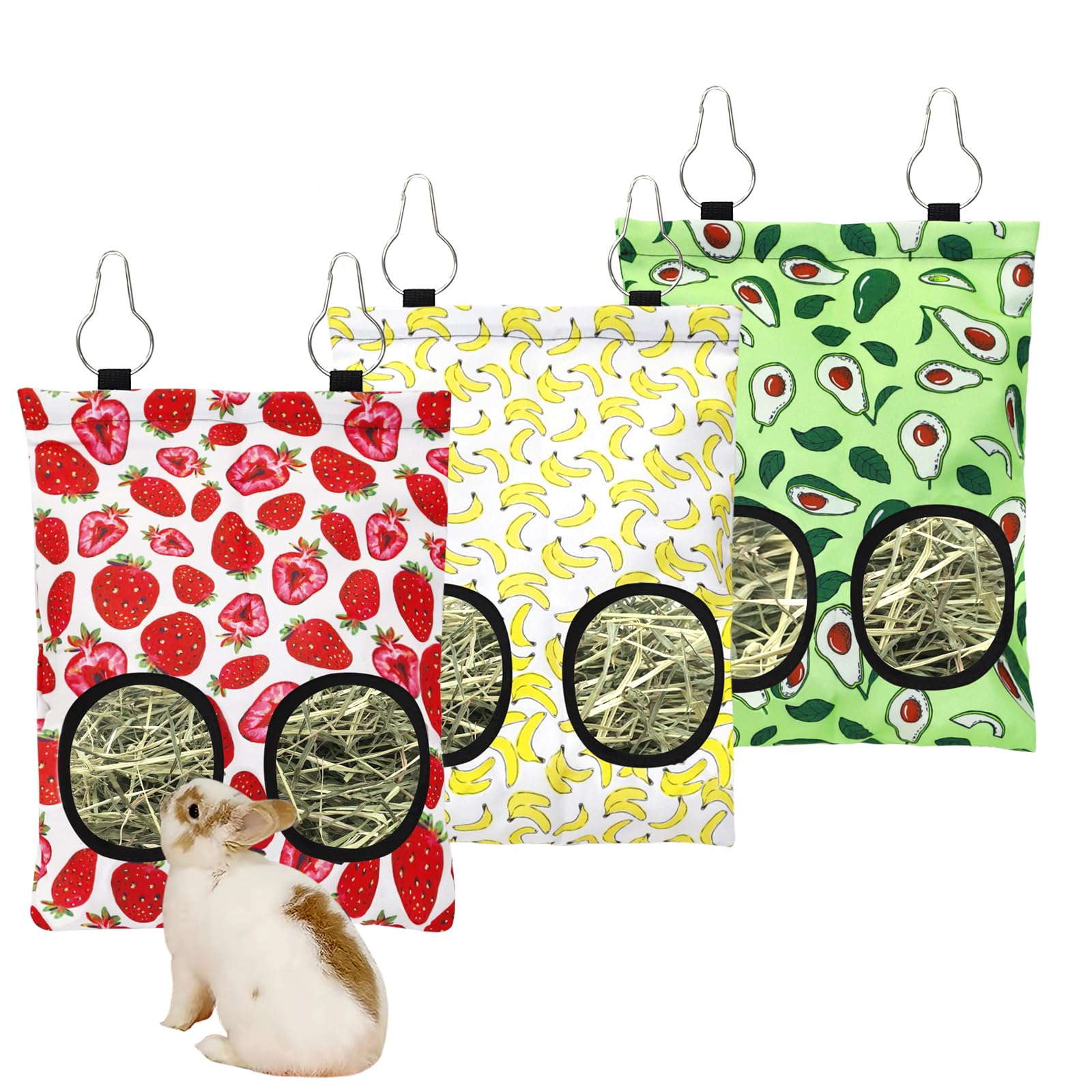 3 Pcs Rabbit Hay Feeder, 2-Hole Hanging Guinea Pig Hay Bags Washable Bunny Hay Bag for Rabbits, Chinchillas, Hamsters, Small Pet