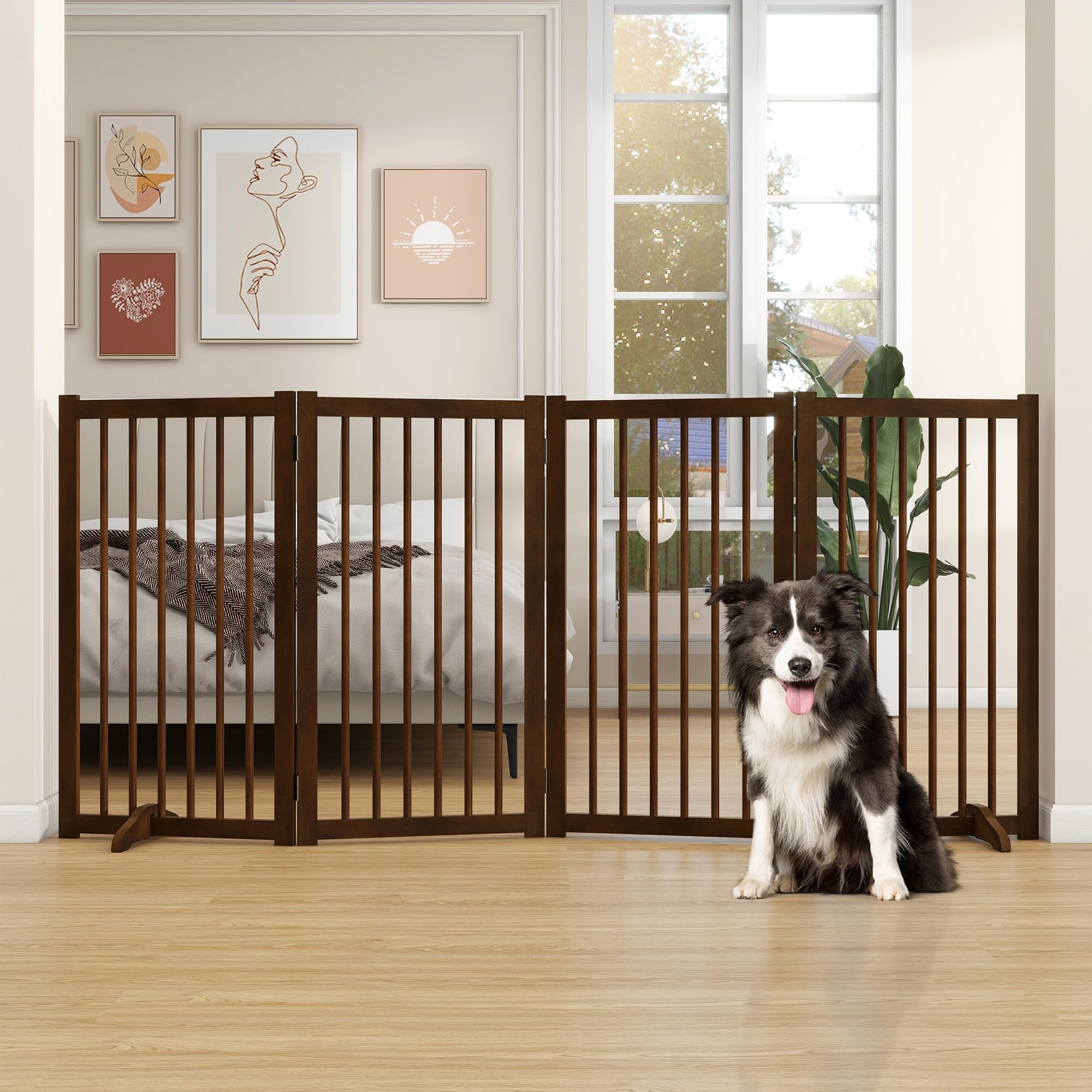 36'' H Freestanding Pet Gate, Solid Wood Foldable Dog Gate with Support Feet, Wooden Tall Dog Gate for Doorway, Stairs & Indoor