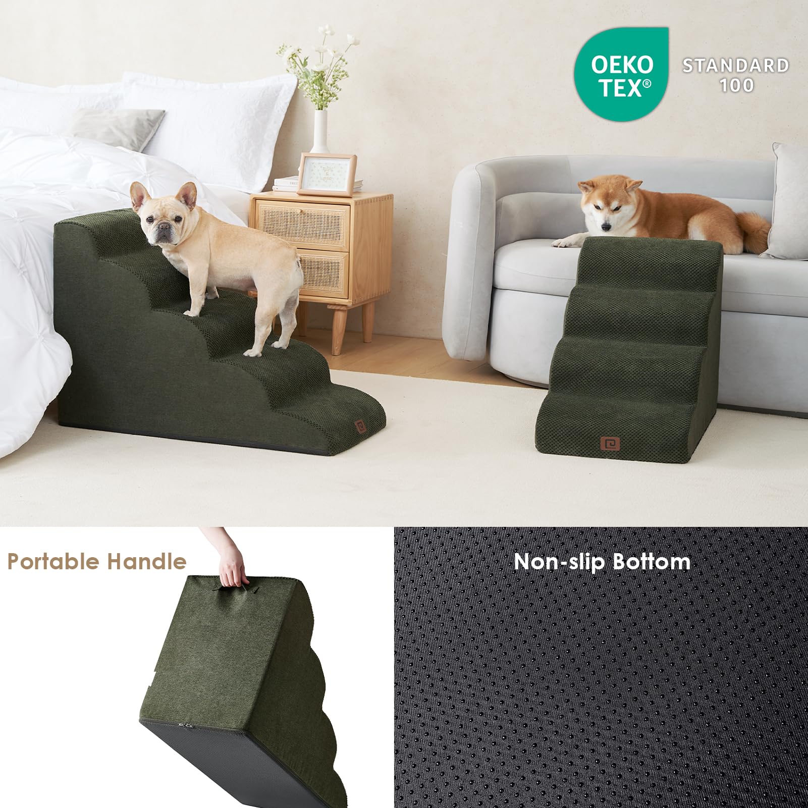 Eheyciga Curved Dog Stairs Ramp For High Beds 22.6' H, 5-Step Dog Steps For Small Dogs And Cats, Pet Stairs For High Bed Climbing, Non-Slip Balanced Pet Step Indoor, Olive Green