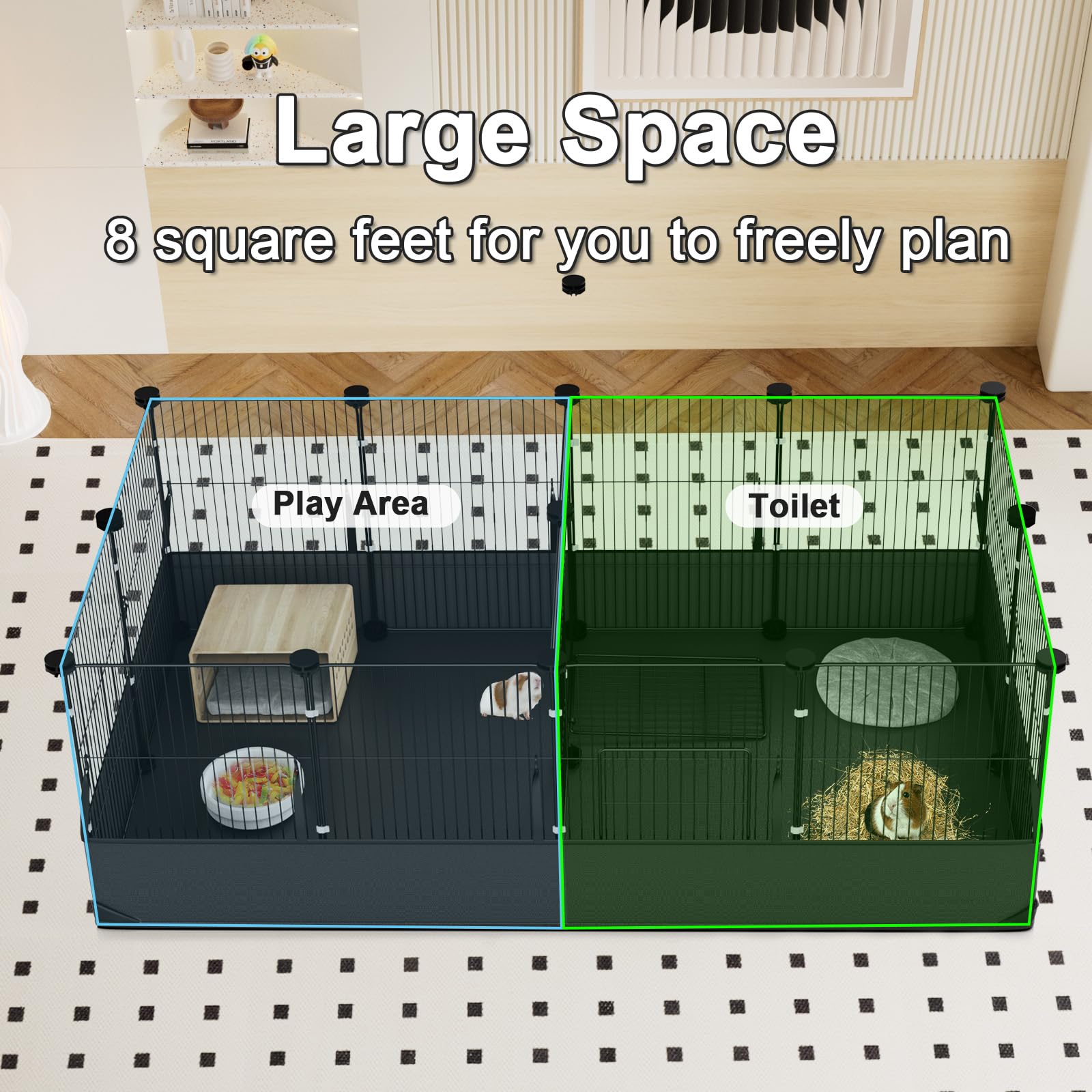 Tresbro Guinea Pig Playpen with 14 Panels & Divided Room, Triple Fixing Measures Small Animal Cage with Waterproof PVC Liner & O
