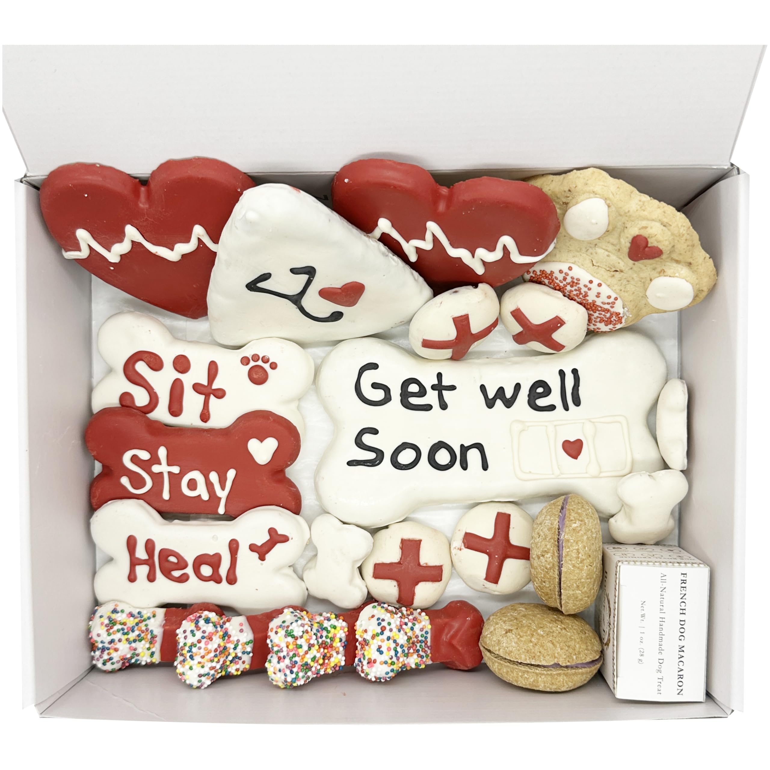 Bonne et Filou Get Well Soon Dog Treats, Gourmet Gift Box, 21 Luxury Macarons, Truffles & Bone Cookies, Healthy & Delicious Snac