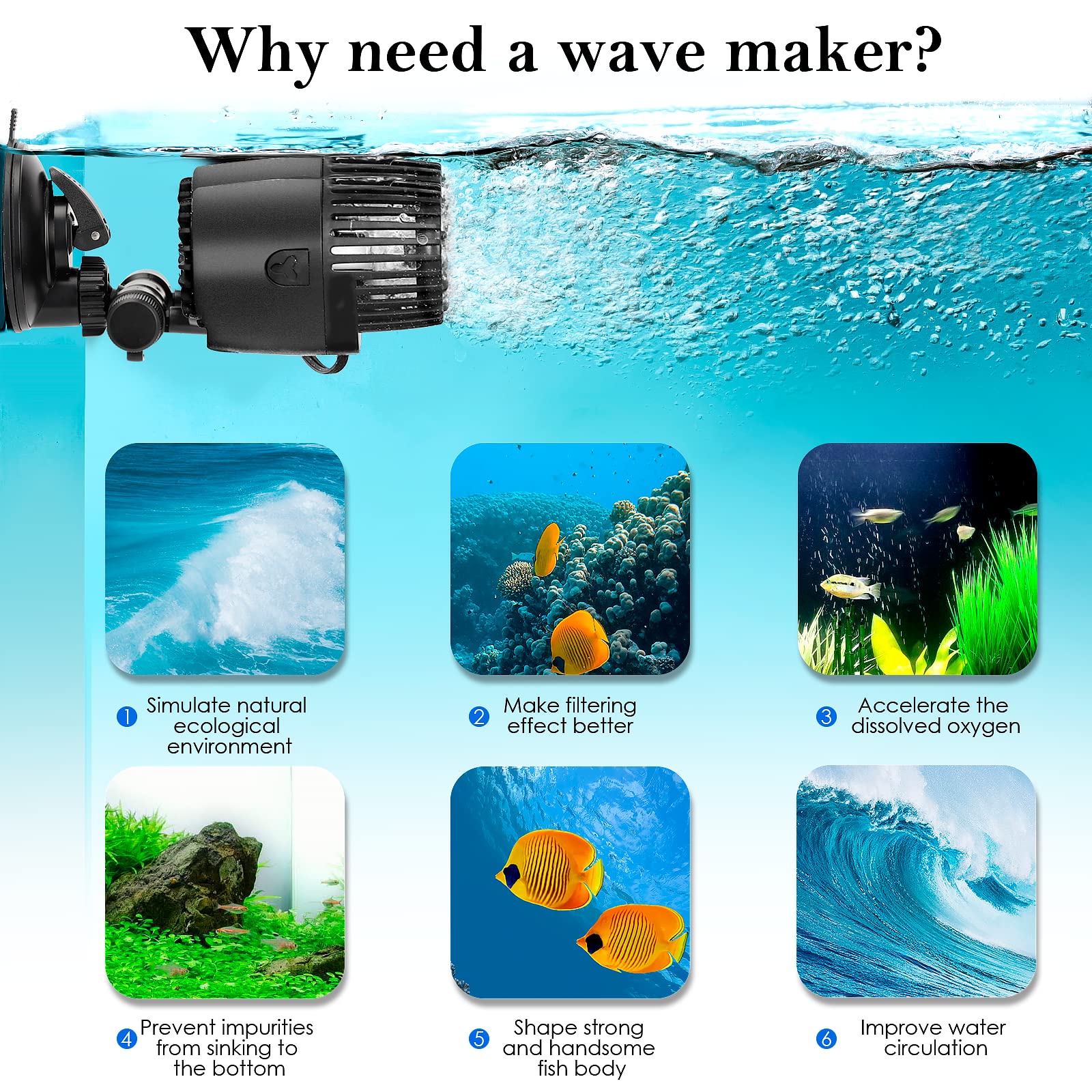 Aqqa Aquarium Wave Maker,8W/12W/20W/25W Suction Cup Fish Tank Double Powerhead Pump,110V/60Hz Ultra Quiet Submersible Circulatio