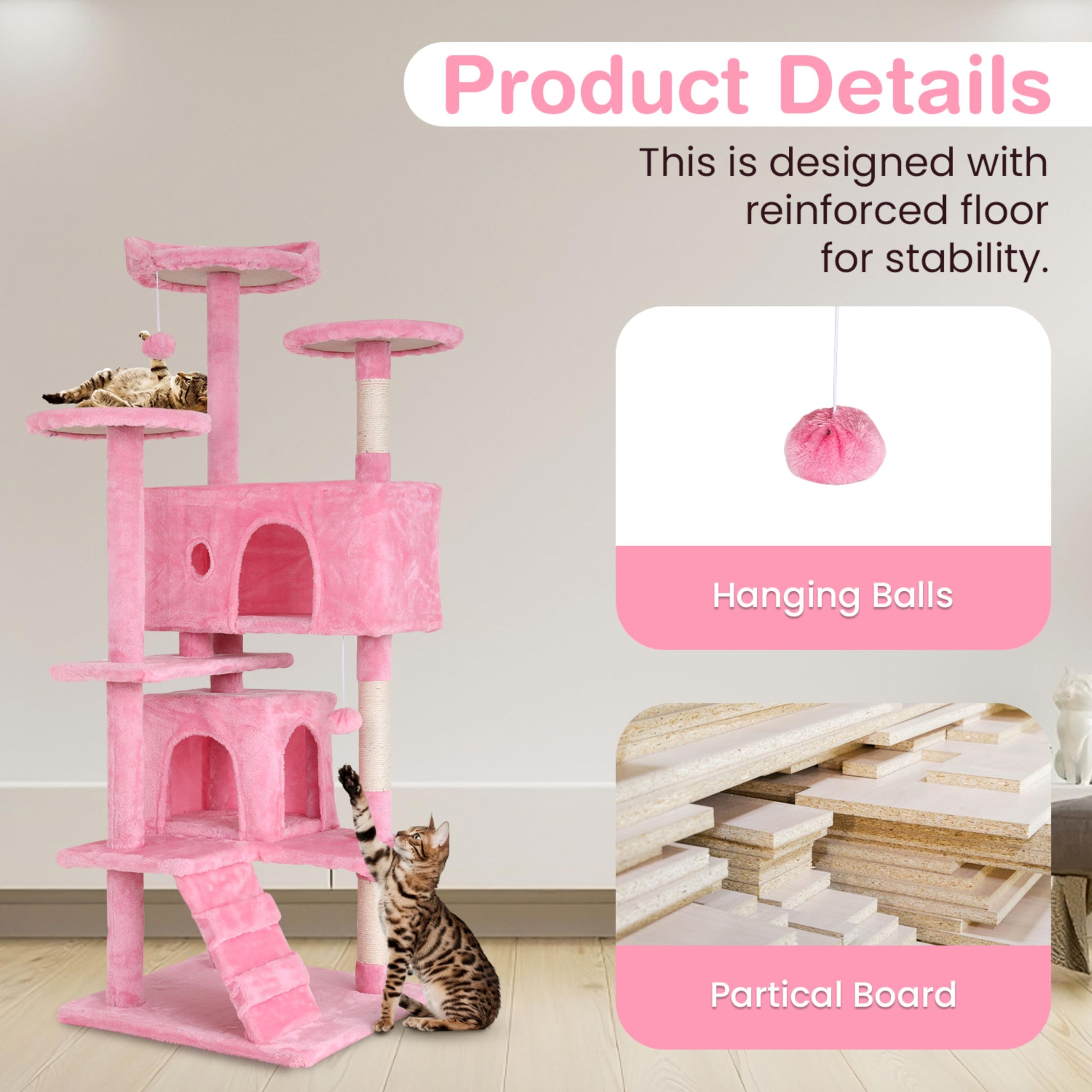 24/7 Shop At Home Court 54 Inch Multi-Level Cute Cat Tree Tower With Dangling Ball And Scratching Posts For Indoor Cats Adults,