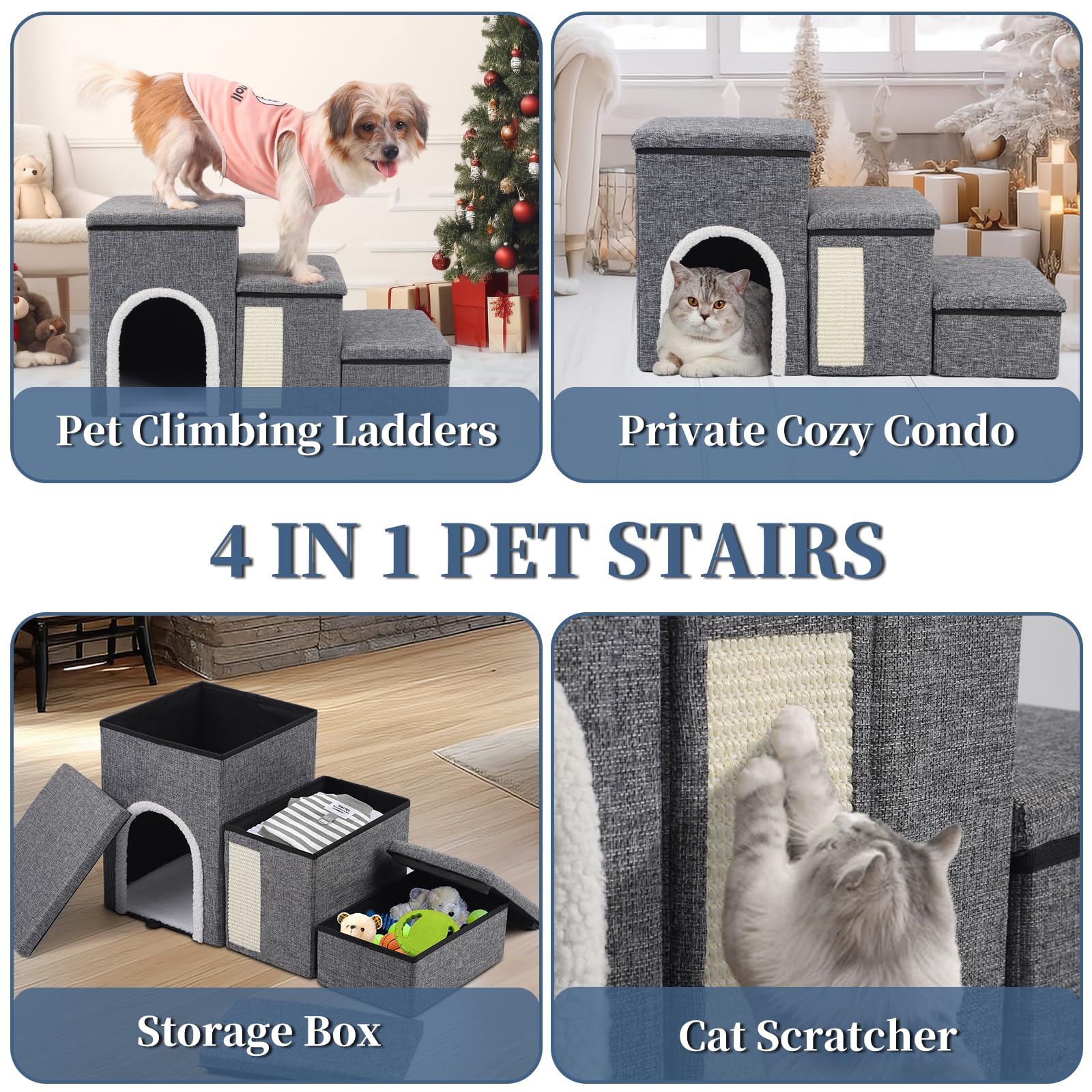 Dog Stairs For High Bed And Couch, 4 In 1 Foldable Pet Stairs For Cats & Small And Medium Dogs, Adjustable Dog Steps With Pet Cl