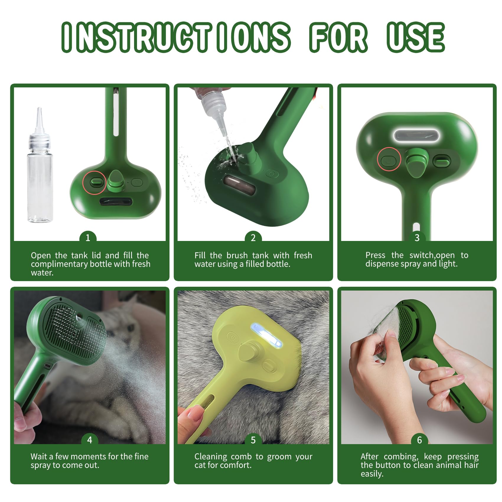 Cat/Dog Deshedding Brush With Water Spray And Steamer - Grooming Tool For Shedding Hair Removal (Christmas Green)