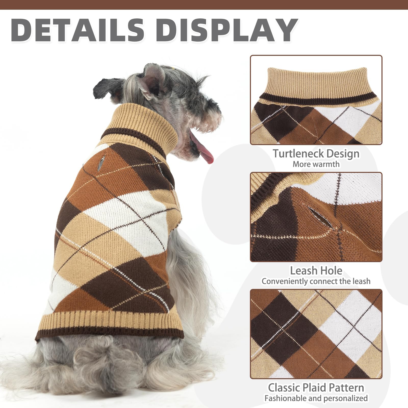 KOOLTAIL Dog Sweater Pet Knitted Clothes - Classic Plaid Pullover Turtleneck Thick Warm Fall Dog Sweaters with Leash Hole, Soft