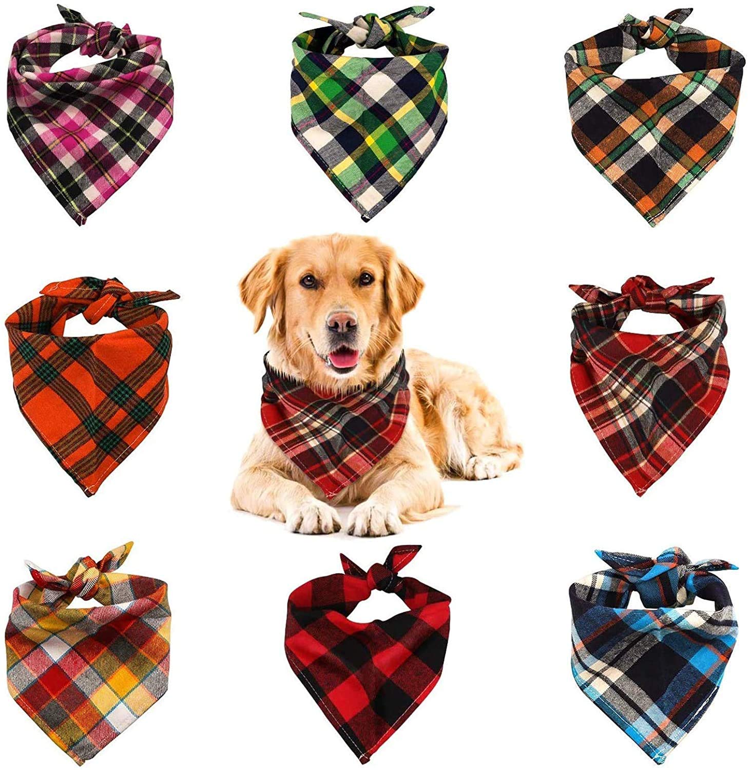 Vipith 8 Pack Triangle Dog Bandanas, Reversible Plaid Painting Bibs Scarf, Washable Christmas Dog Bandanas Dog Apparel & Accessories Kerchief Set