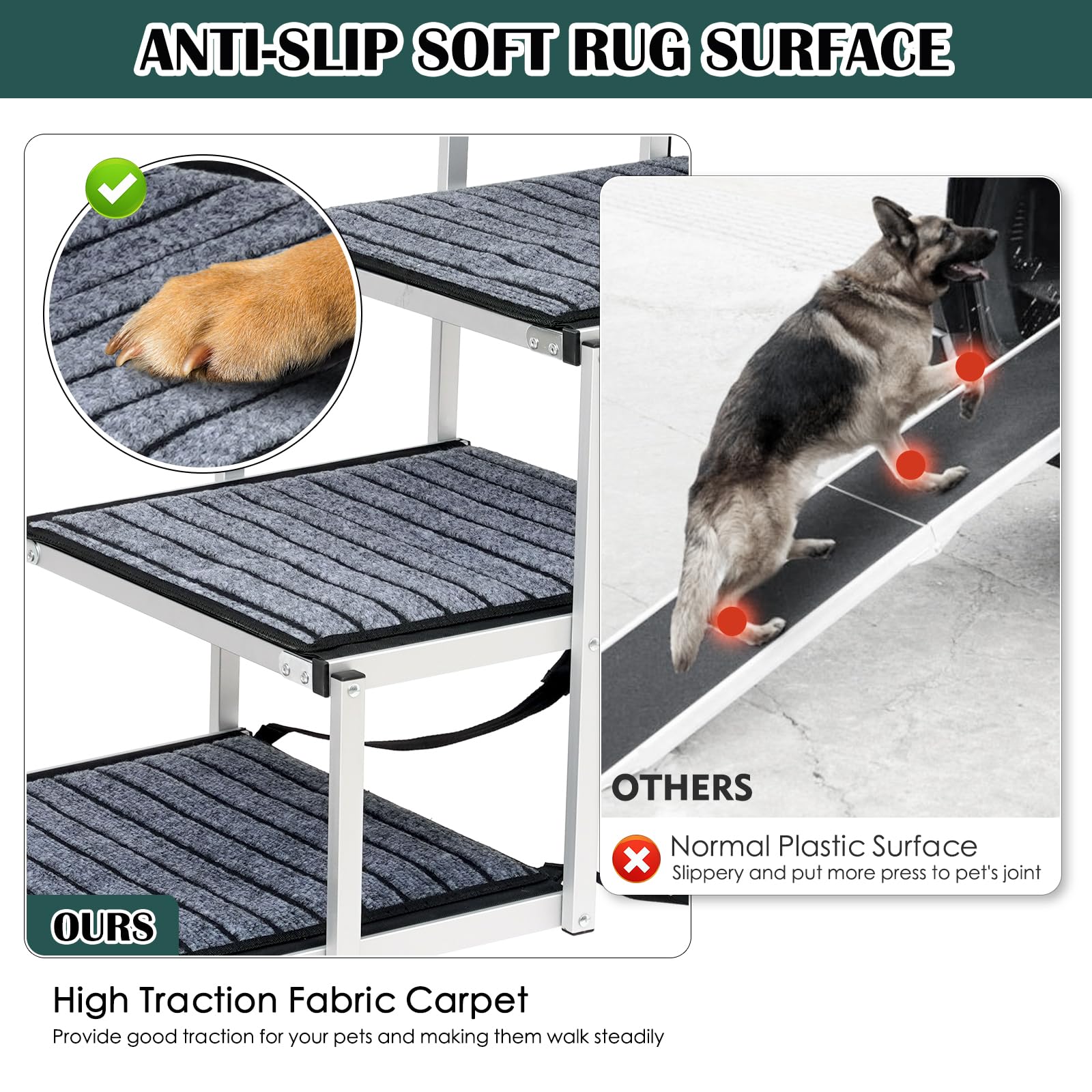 Dog Ramp for Car, Extra Wide Dog Car Stair for Large Dogs, Pet Steps Lightweight Aluminum Foldable Dog Steps for Cars and SUV,Hi