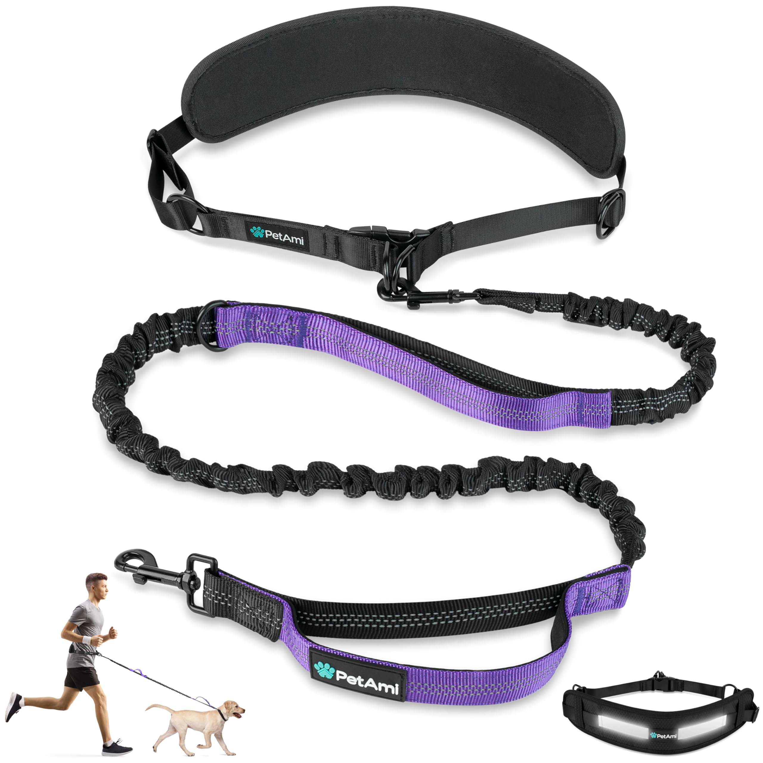 PetAmi Premium Hands Free Dog Leash, Adjustable Waist Belt for Large Dog Walking Up to 125 lbs, Bungee Leash for Pet Running, Hi