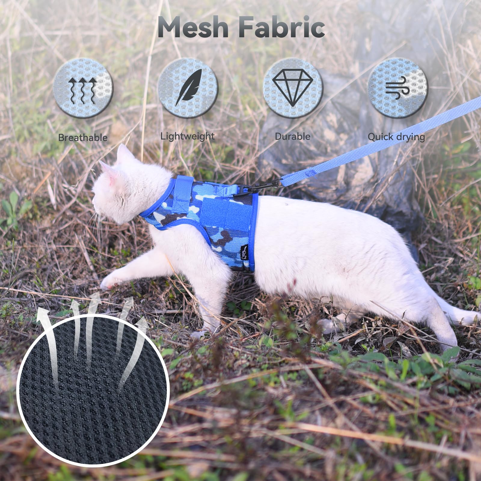 Tactical Kitty Harness and Leash for Walking Escape Proof Breathable Mesh Fabric, Ocean Camo, X-Small, Adjustable Cat Walking Ja