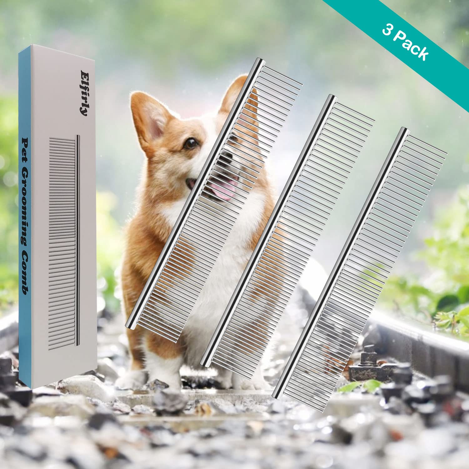 Elfirly 3 Pack Dog Combs For Grooming Matting, Metal Cat Comb With Round Ends, Stainless Steel Pet Grooming Comb For Removing Tangles And Knots For Long And Short Haired Dog (7.4 Inches)