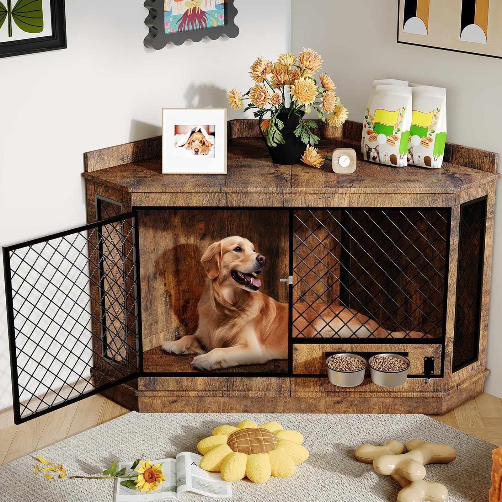 51.3 inch Corner Dog Crate Furniture,Wooden Dog Kennel Furniture with Mesh,Dog Kennel End Table with 360 Rotating Feeder for Sma