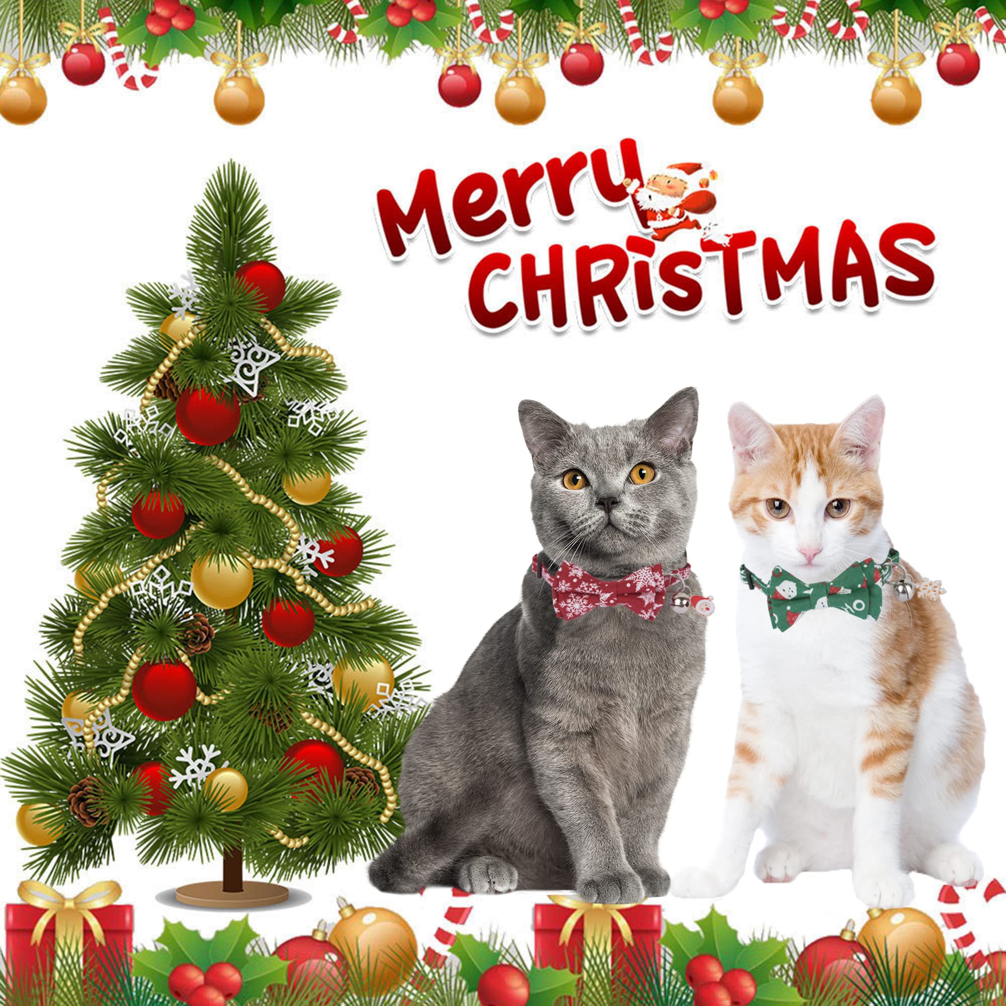 Adoggygo Christmas Cat Collars With Bowtie Bell, 2 Pack Adjustable Xmas Kitten Collar With Removable Bow, Red Green Christmas Co