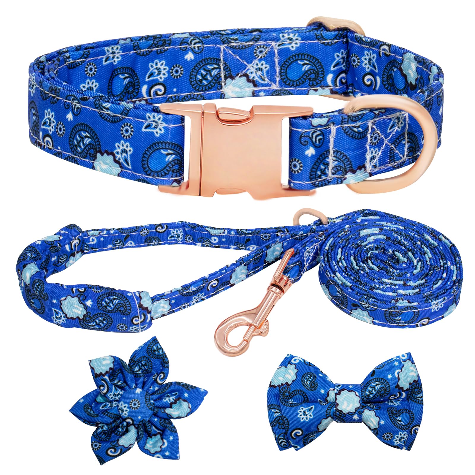 HSIGIO Dog Collar and Leash Set Girls Adjustable Puppy Collars with Floral Bow Tie for Small Medium Large Female Dogs, BluePaisl