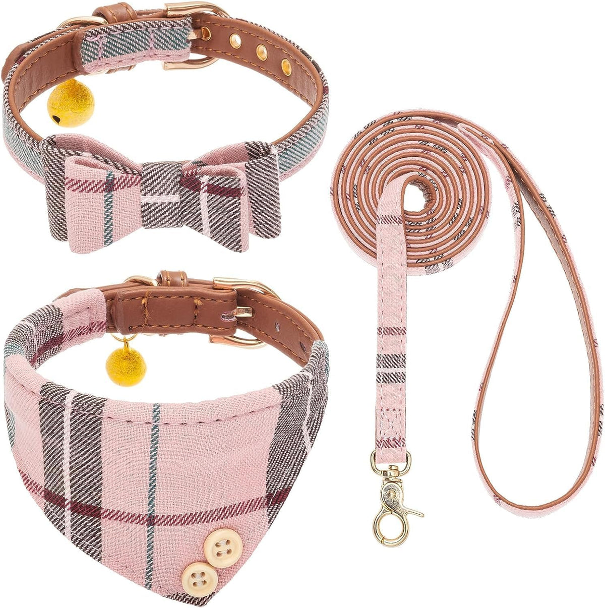 Kooltail Dog Collar And Leash Set 3 Park, Adjustable Soft Leather Puppy Collar And Leash Tangle Free For Outdoor Walking, Dog Bandana Collar With Bow Tie & Bell For Small Medium Dogs Cats Pink Plaid