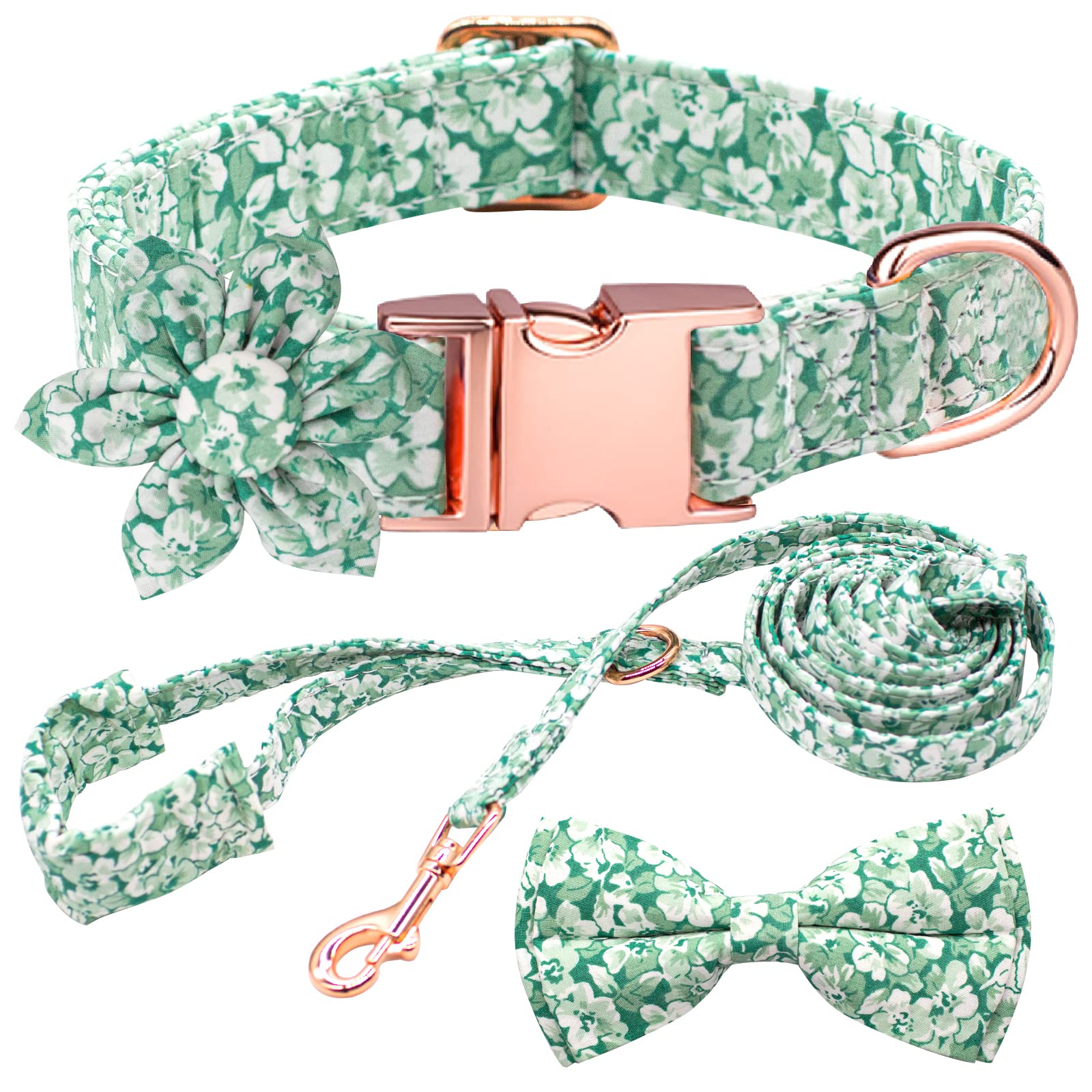 Dog Collar And Leash Set With Flower Bow Tie Girls Dog Collar Dog Tag Metal Buckle Adjustable For Small Medium Large Dogs Green Flower-L