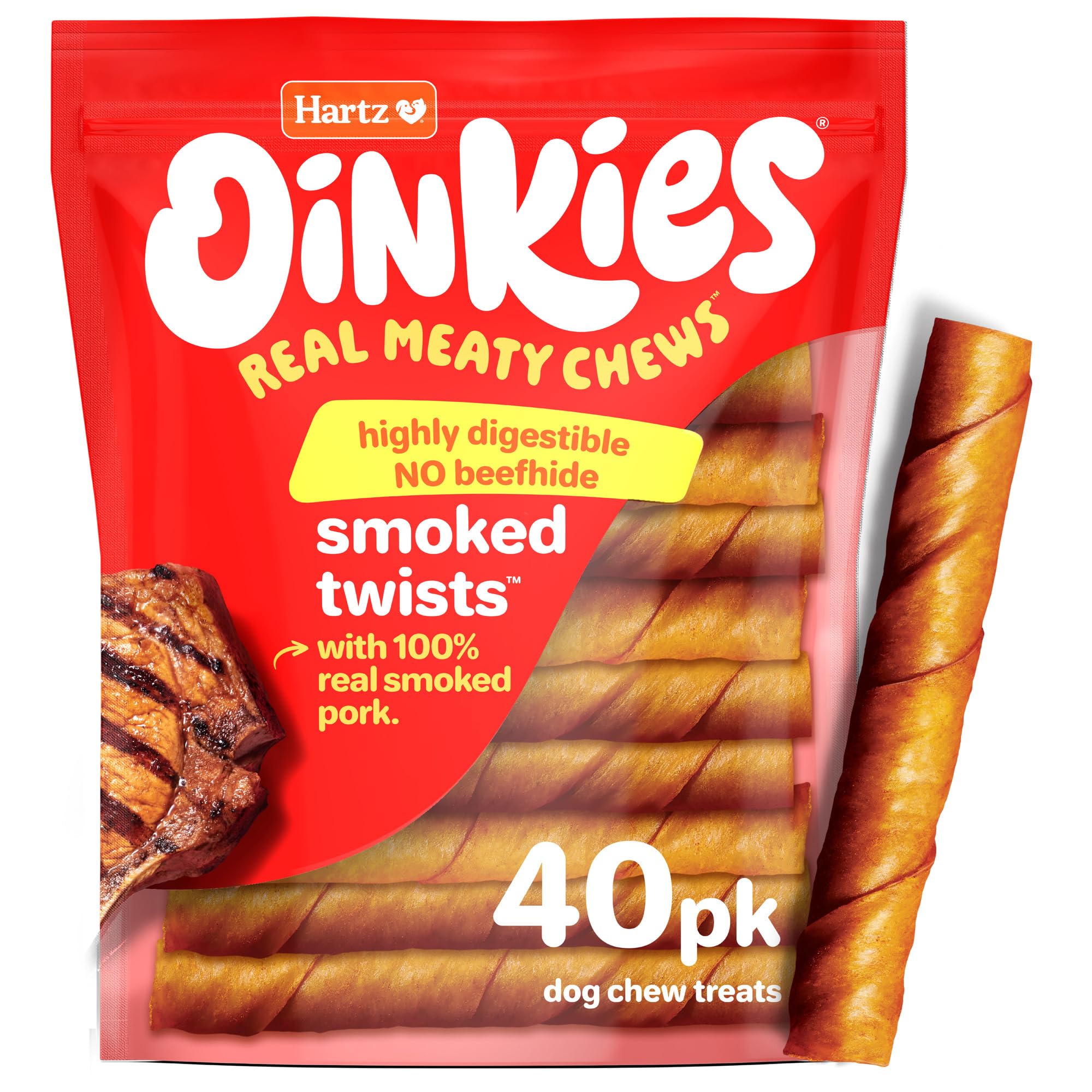 Hartz Oinkies Smoked Twists with Naturally Smoked Pork Rawhide-Free Dog Treats, Highly Digestible Long Lasting Dog Chews, 40 Cou