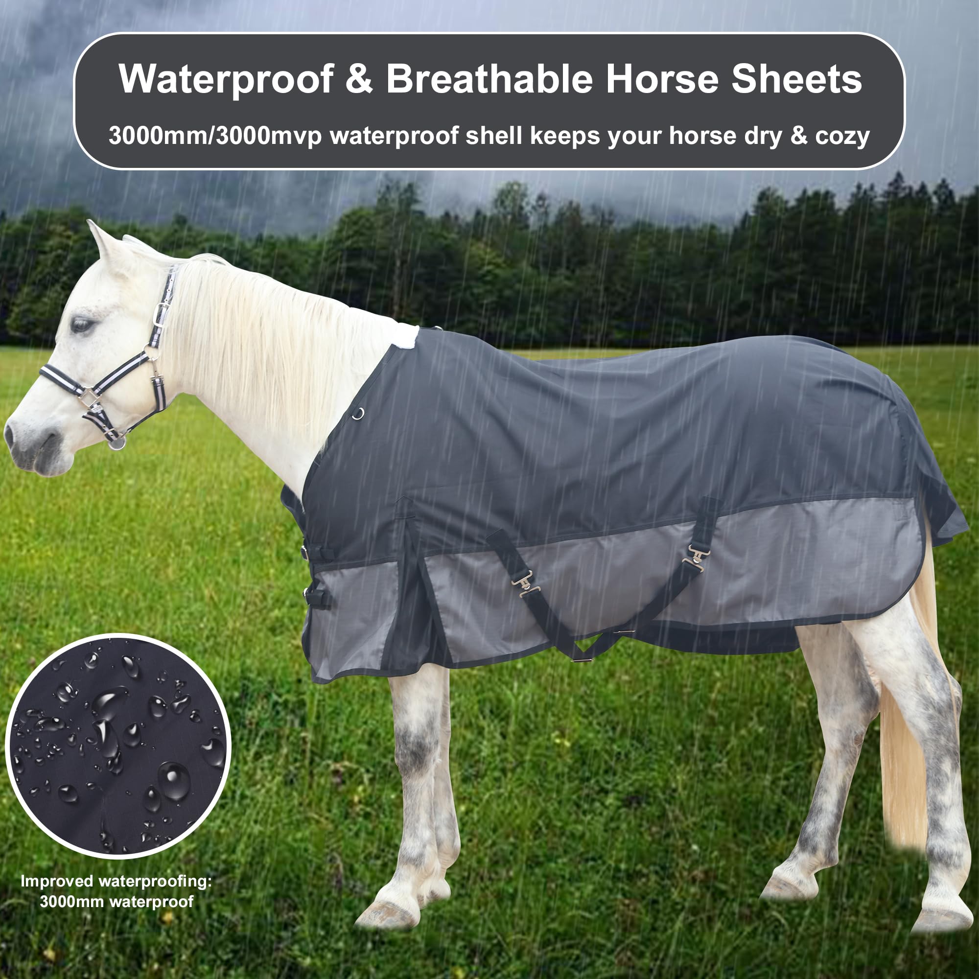 Gallopoff 1200 Denier Rip-Stop Turnout Rain Sheet Lightweight Waterproof Breathable Horse Blanket (No Fill) Blackgrey 72''
