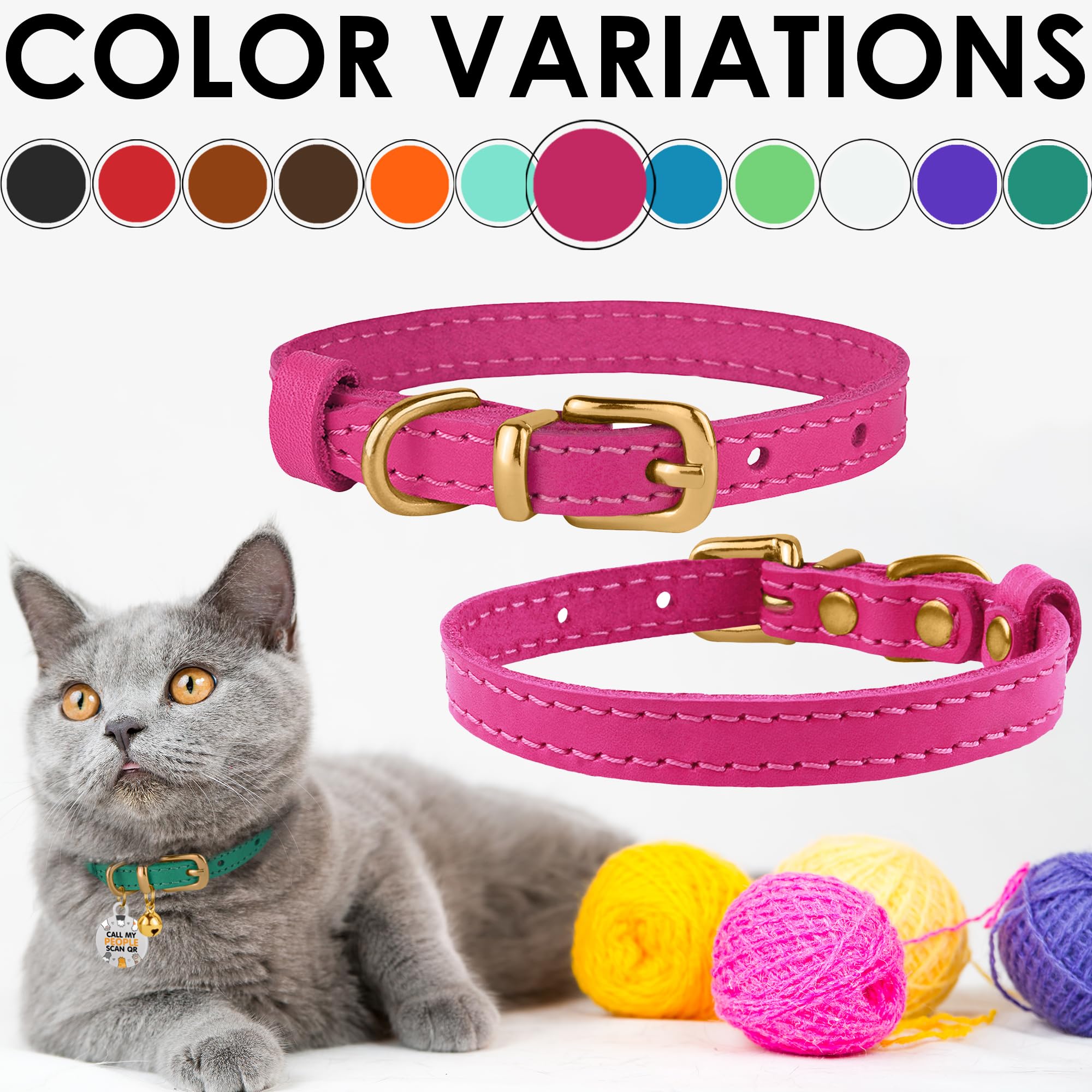 Bronzedog Leather Cat Collar With Bell Non Breakaway Kitten Qr Tag For Girl Boy (9' - 11' Cats/Mini Dogs, Pink & Gold)
